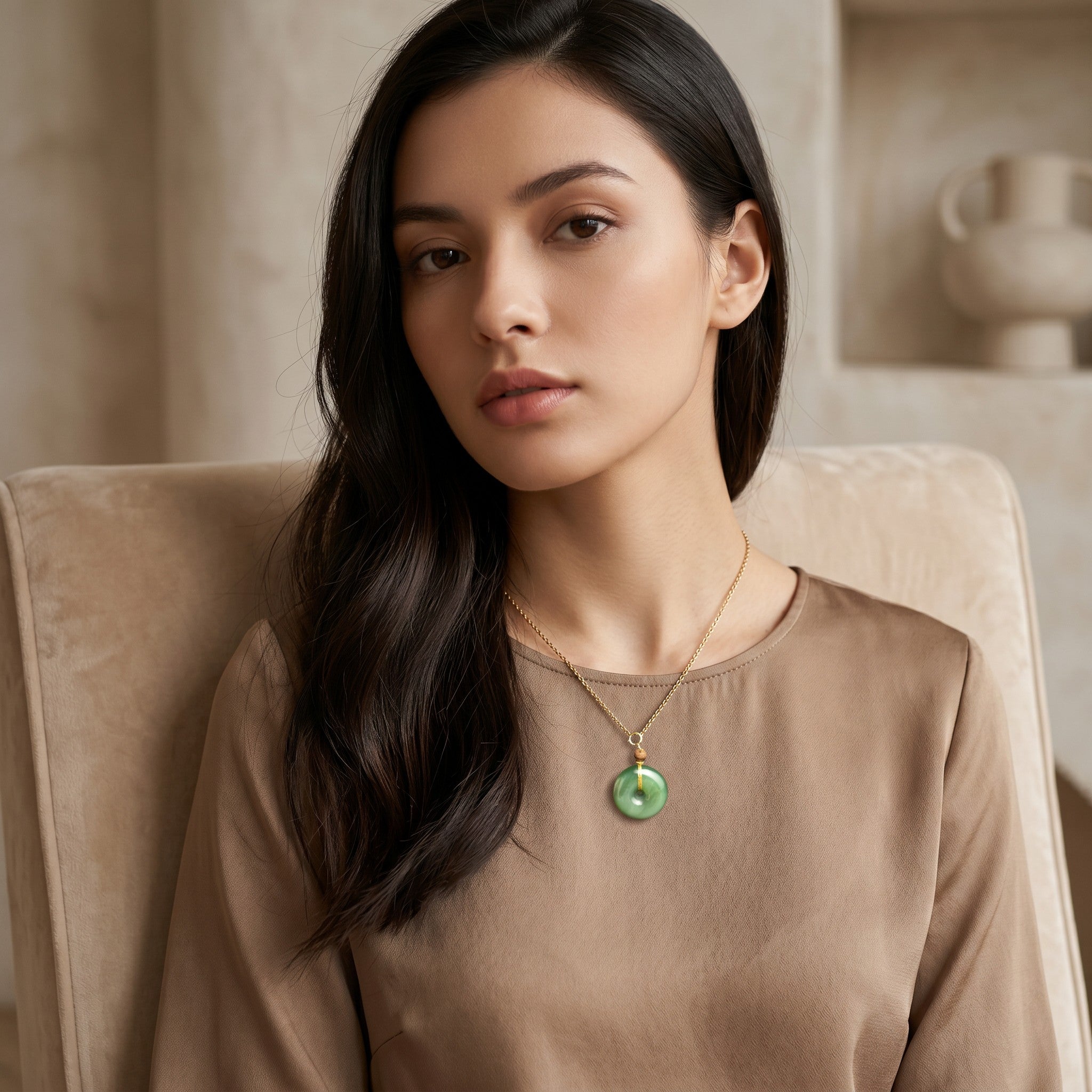 Sylvia Jewelry green Hetian jade Ping'An Kou charm with agarwood bead on a gold chain worn by a woman in a beige top.