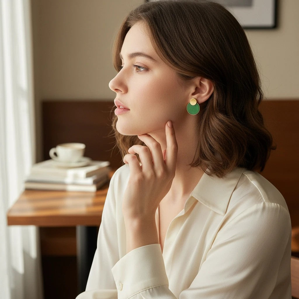 Sylvia Jewelry Verdant Duo earrings featuring a green jadeite disc and brushed 18K gold stud worn by a woman
