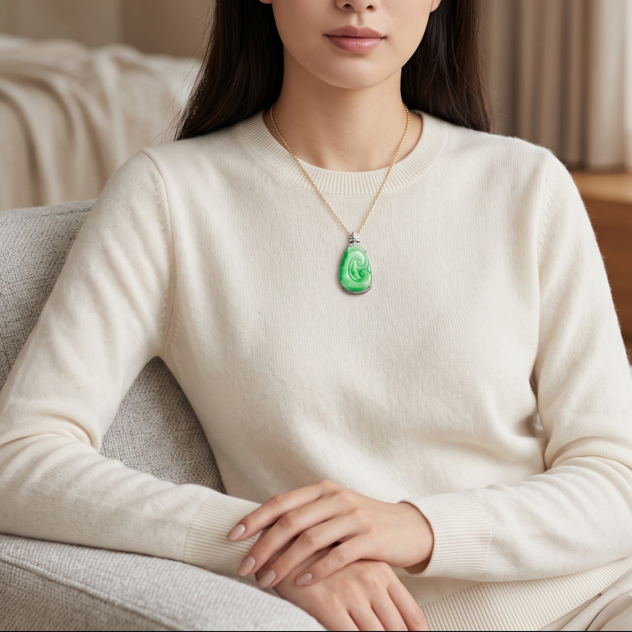 Sylvia Jewelry natural green Type A jadeite jade pendant with spiral carvings in an 18K gold setting worn by a woman.
