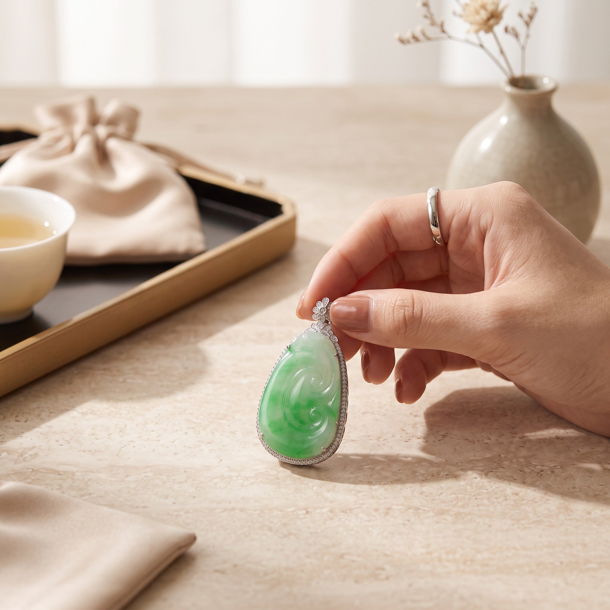 Sylvia Jewelry natural green jadeite jade pendant with spiral carving and 18K gold setting held in a hand