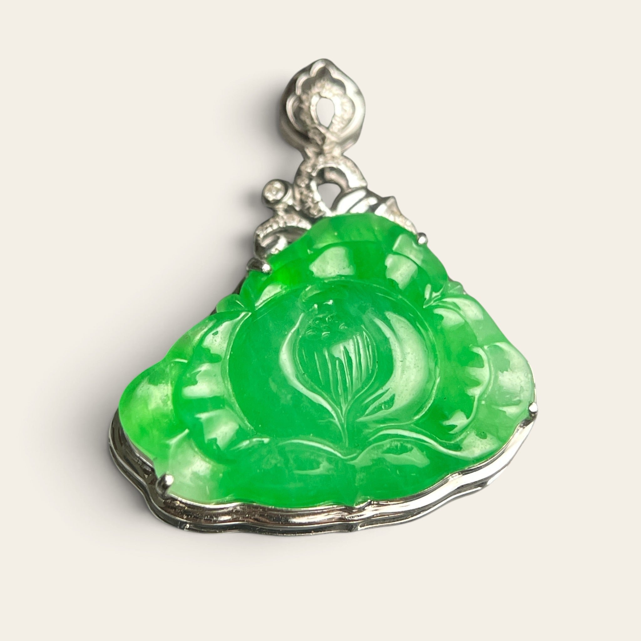 Sylvia Jewelry bright green jadeite jade lotus pendant hand-carved in polished 18K gold setting