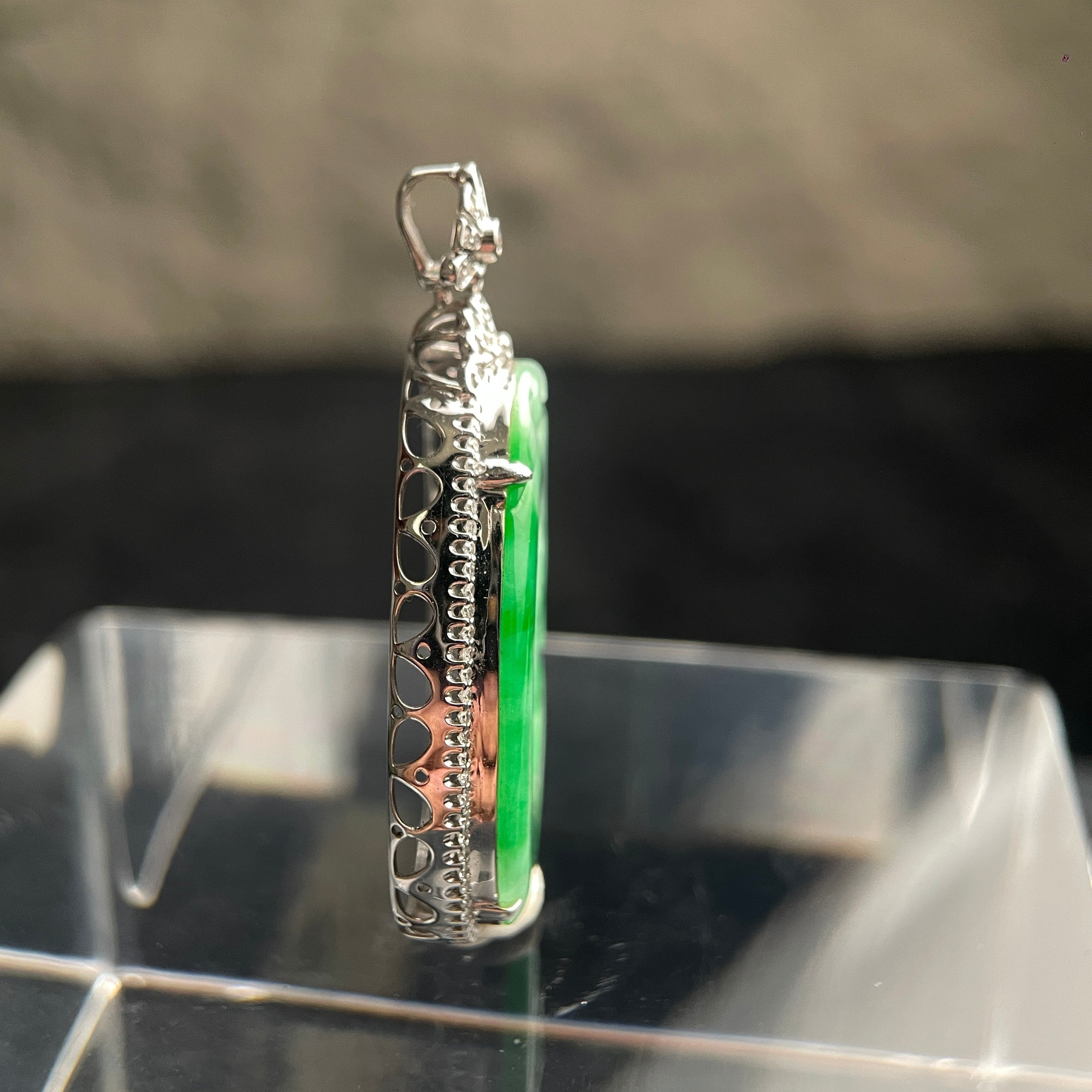 Sylvia Jewelry natural green Type A jadeite jade pendant plaque with intricate 18K gold side setting