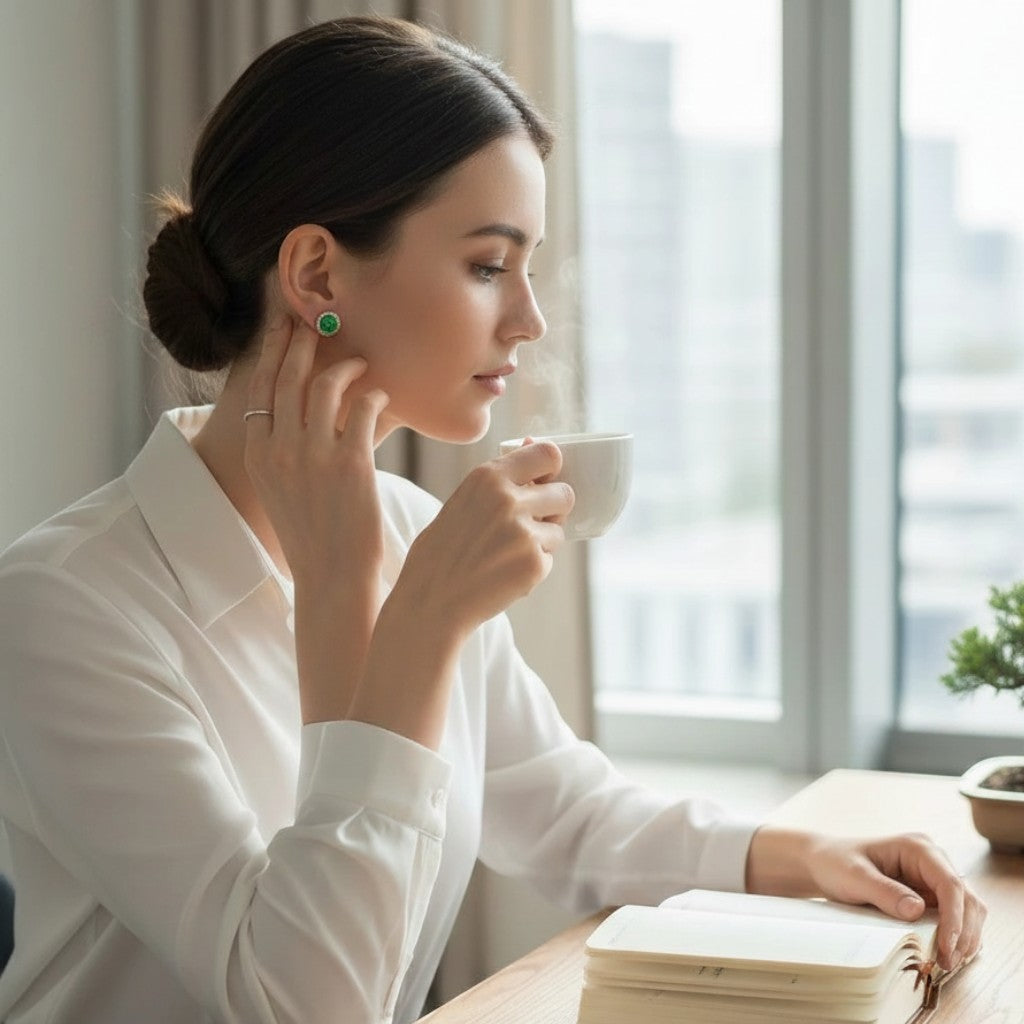 Sylvia Jewelry green jadeite disc stud earrings worn by a woman in a white shirt drinking coffee by a window.