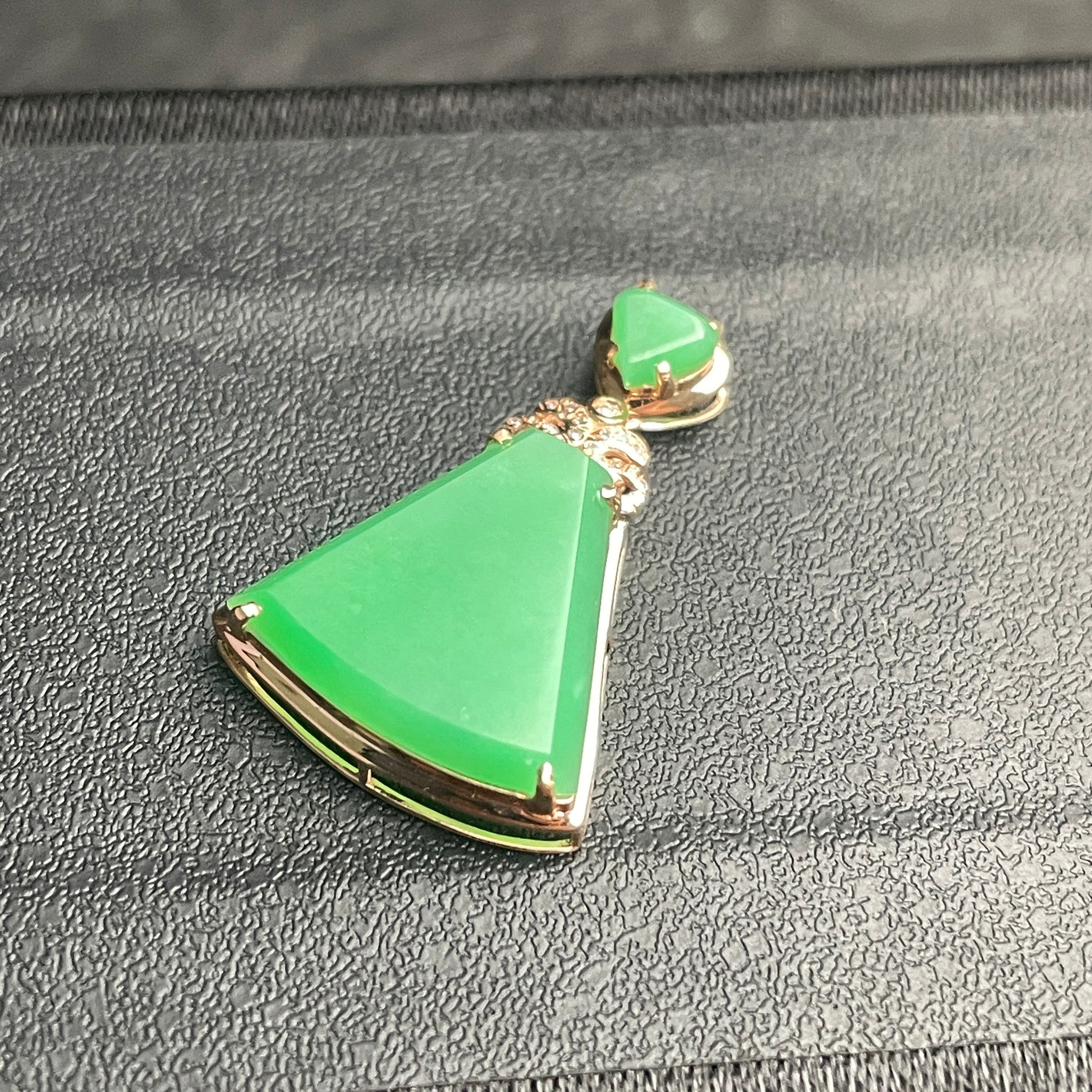 Sylvia Jewelry apple green jadeite trapezoid pendant with 18k gold, diamond accents, and a triangle jadeite bail.