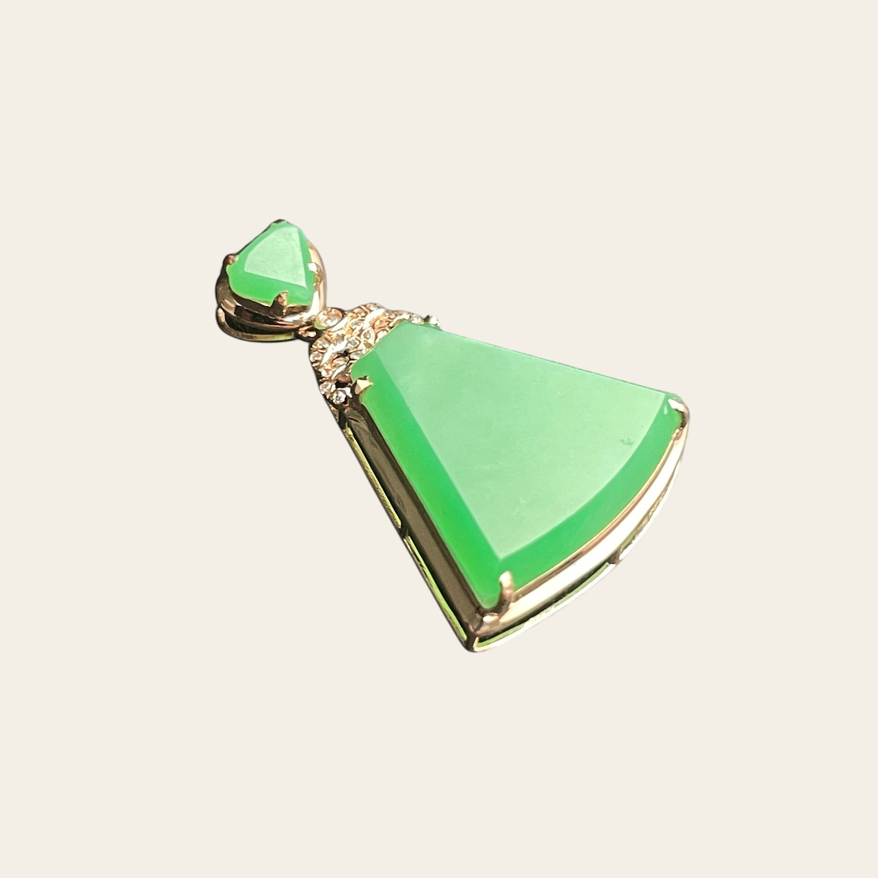 Sylvia Jewelry apple green jadeite trapezoid pendant with 18k gold, micro-pavé diamonds, and a triangle jadeite bail.