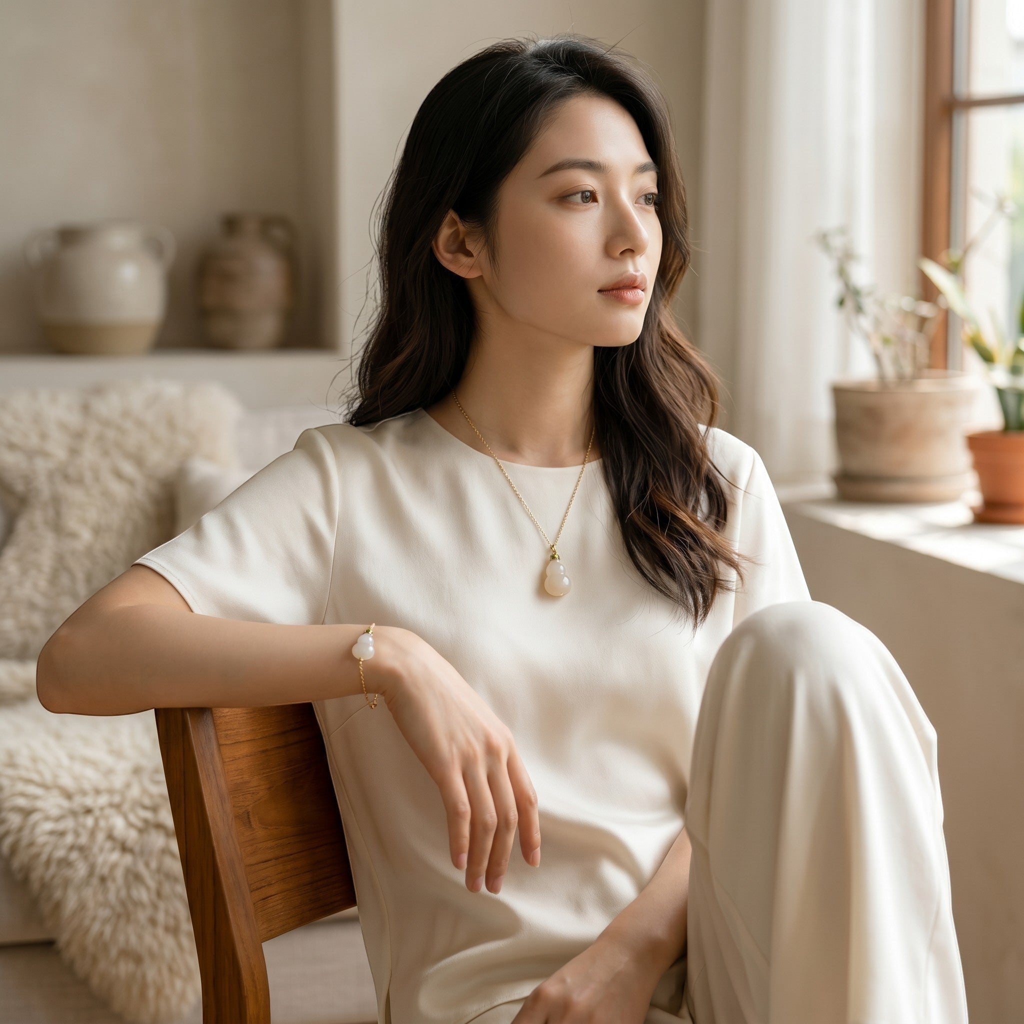 Sylvia Jewelry 葫芦形吊坠,淡粉色玉石材质,金色链条装饰,绿色宝石点缀。