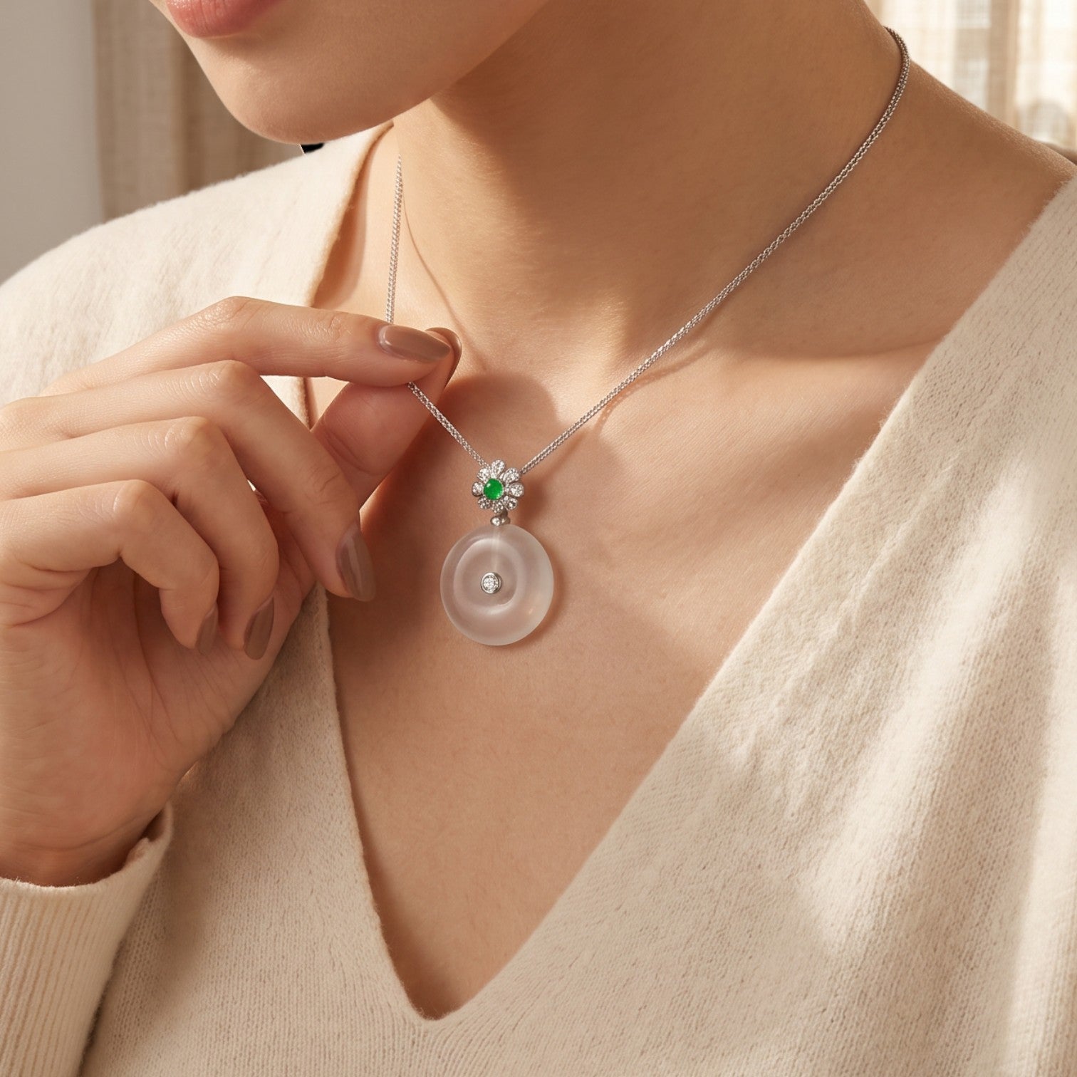 Sylvia Jewelry 冰种翡翠圆牌吊坠,镶嵌钻石和绿色宝石,花朵造型,简约优雅。