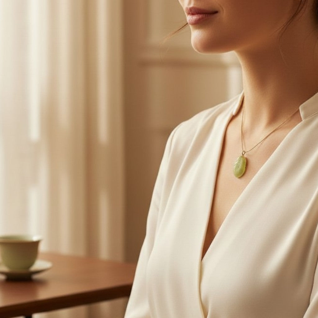 Woman wearing a Sylvia Jewelry carved green jade leaf pendant necklace with a gold chain in a serene indoor setting.