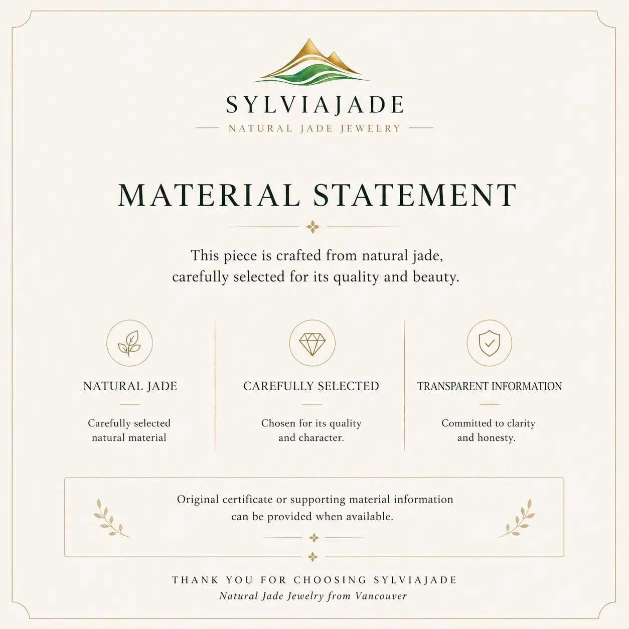 Sylvia Jewelry material statement card confirming natural jade quality, selection process, and transparency policy.