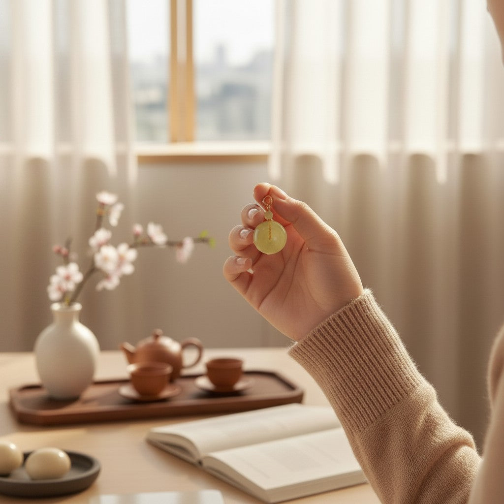 Sylvia Jewelry round light green jade pendant held by a hand in a beige sweater, set in a serene tea room.