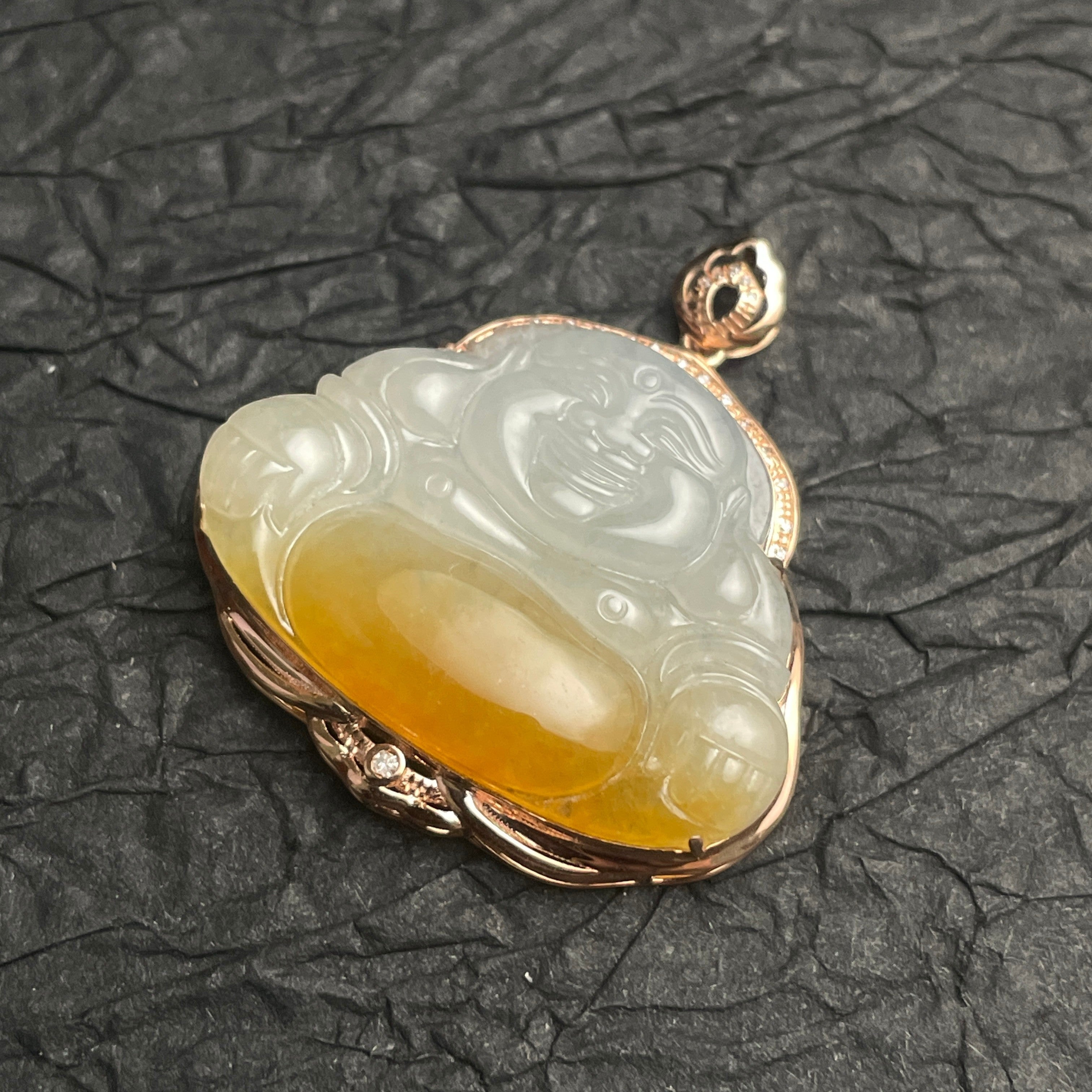 Sylvia Jewelry yellow and white jadeite Laughing Buddha pendant in 18k rose gold with diamond accents.