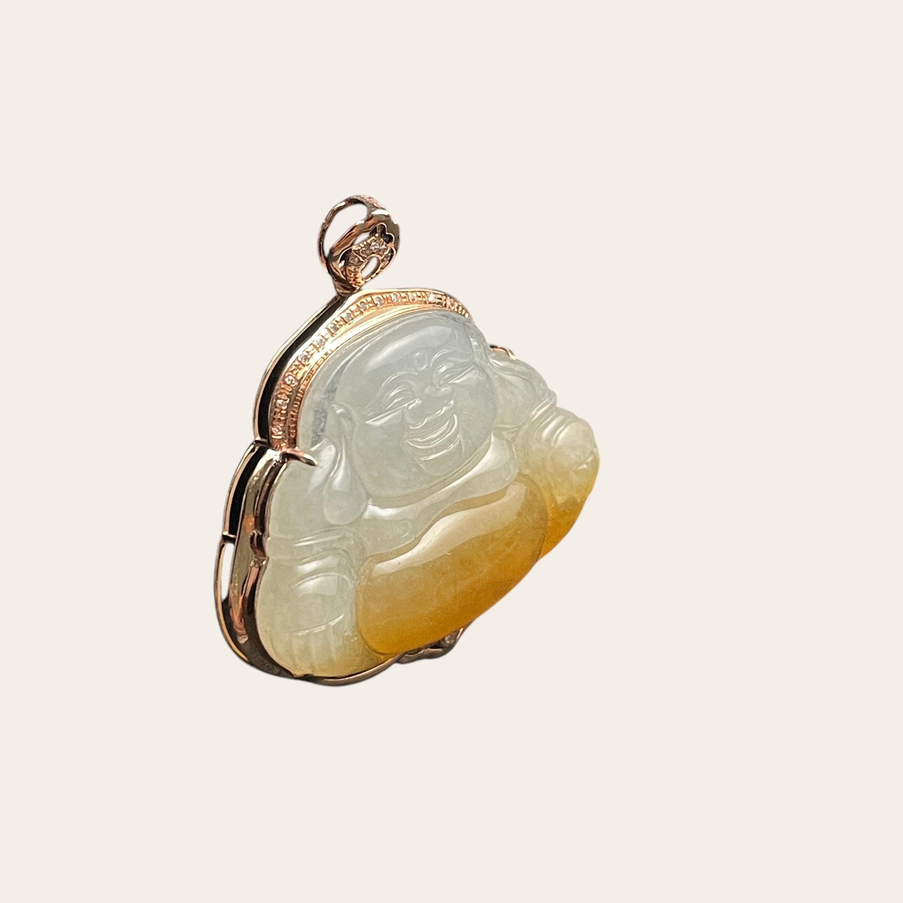 Sylvia Jewelry yellow and white jadeite Laughing Buddha pendant in 18k rose gold with diamond pavé accents.