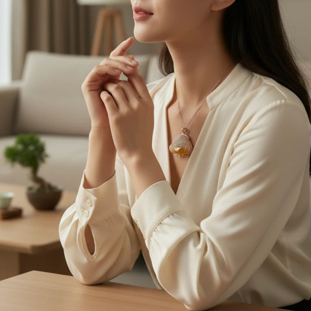 Sylvia Jewelry yellow and white jadeite Laughing Buddha pendant in 18k rose gold with diamonds worn by a woman