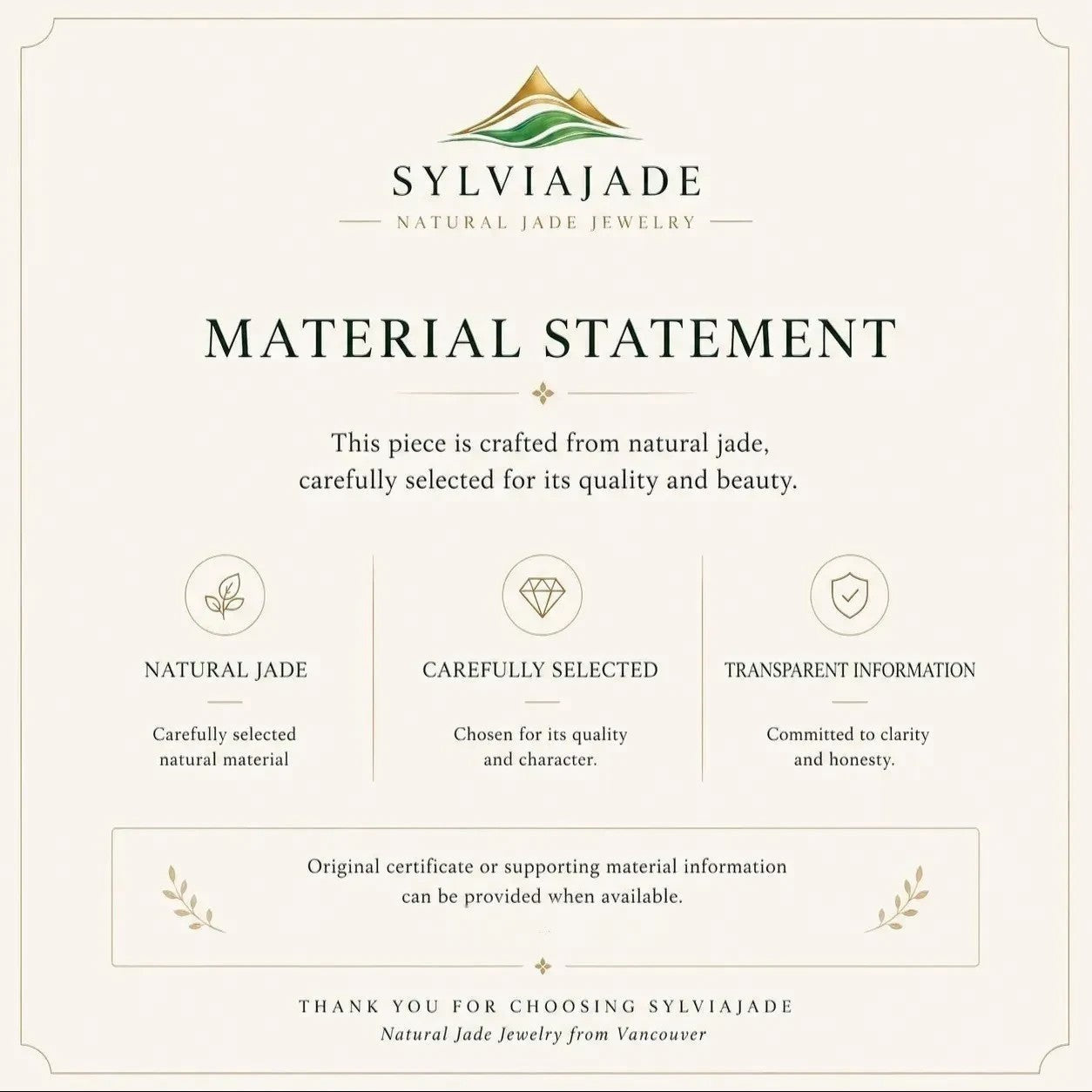 Sylvia Jewelry material statement card detailing natural jade quality, selection process, and transparency commitment.