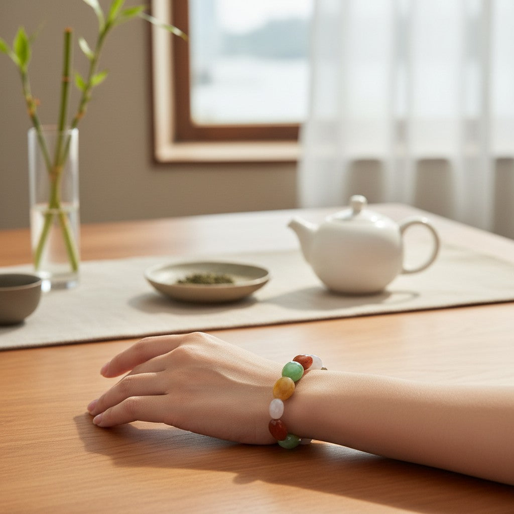 Sylvia Jewelry multi-color jadeite pebble bracelet on a wrist, featuring natural green, yellow, red, and white stones.