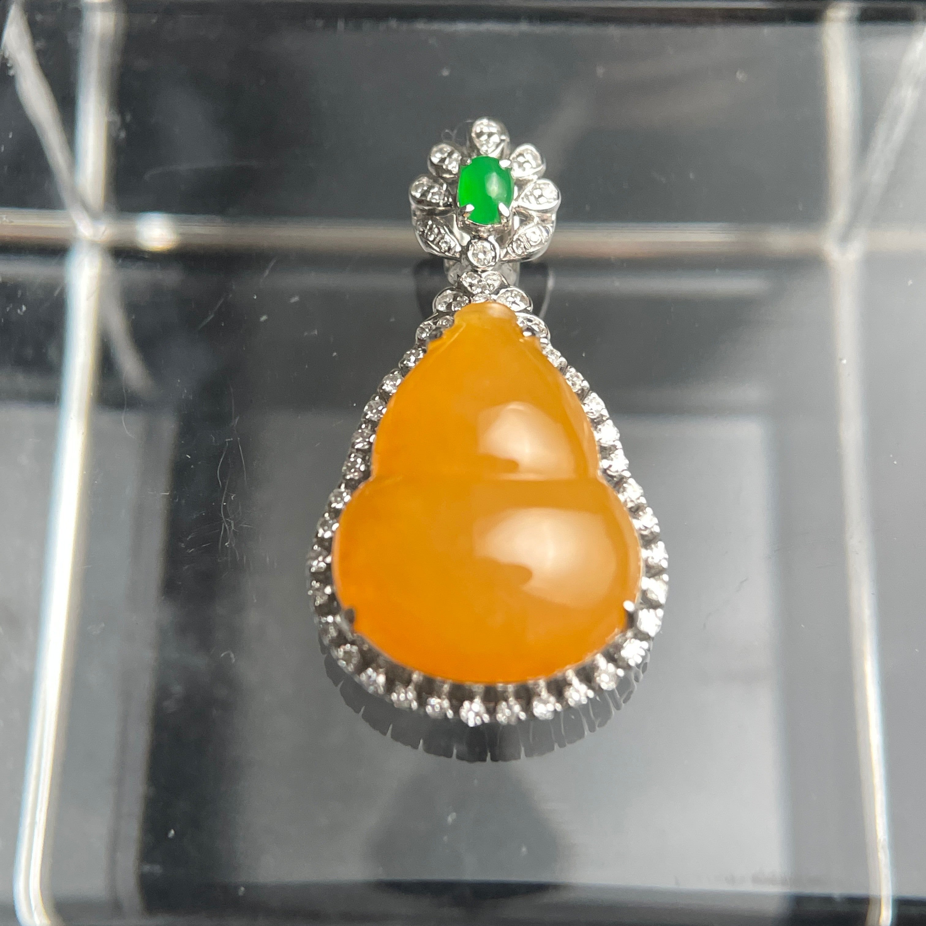 Sylvia Jewelry natural orange jadeite pendant with green jade accent and 18K gold diamond setting