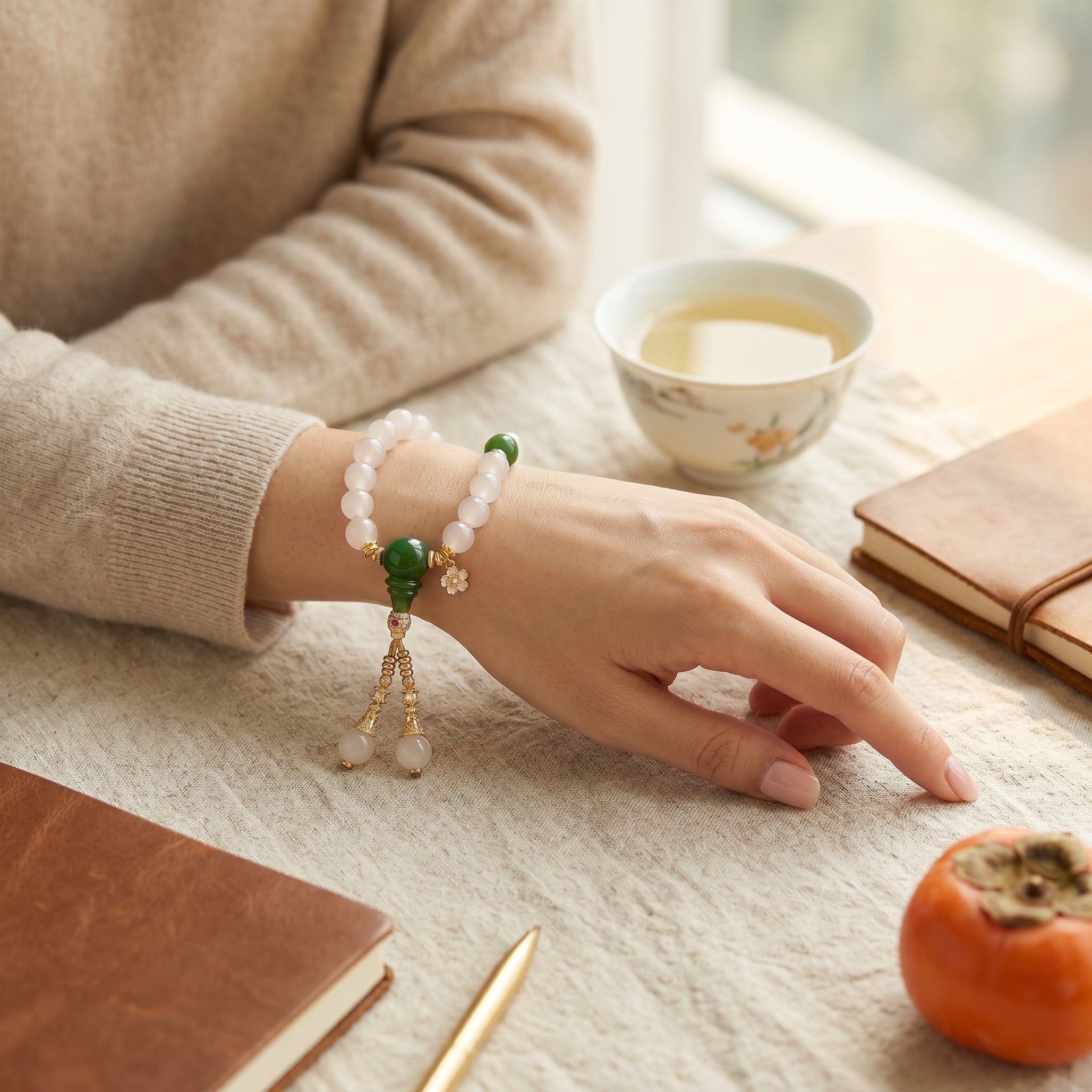 Sylvia Jewelry 浅粉色玉石手链,搭配绿色玉石珠和金色花朵吊坠,流苏设计。