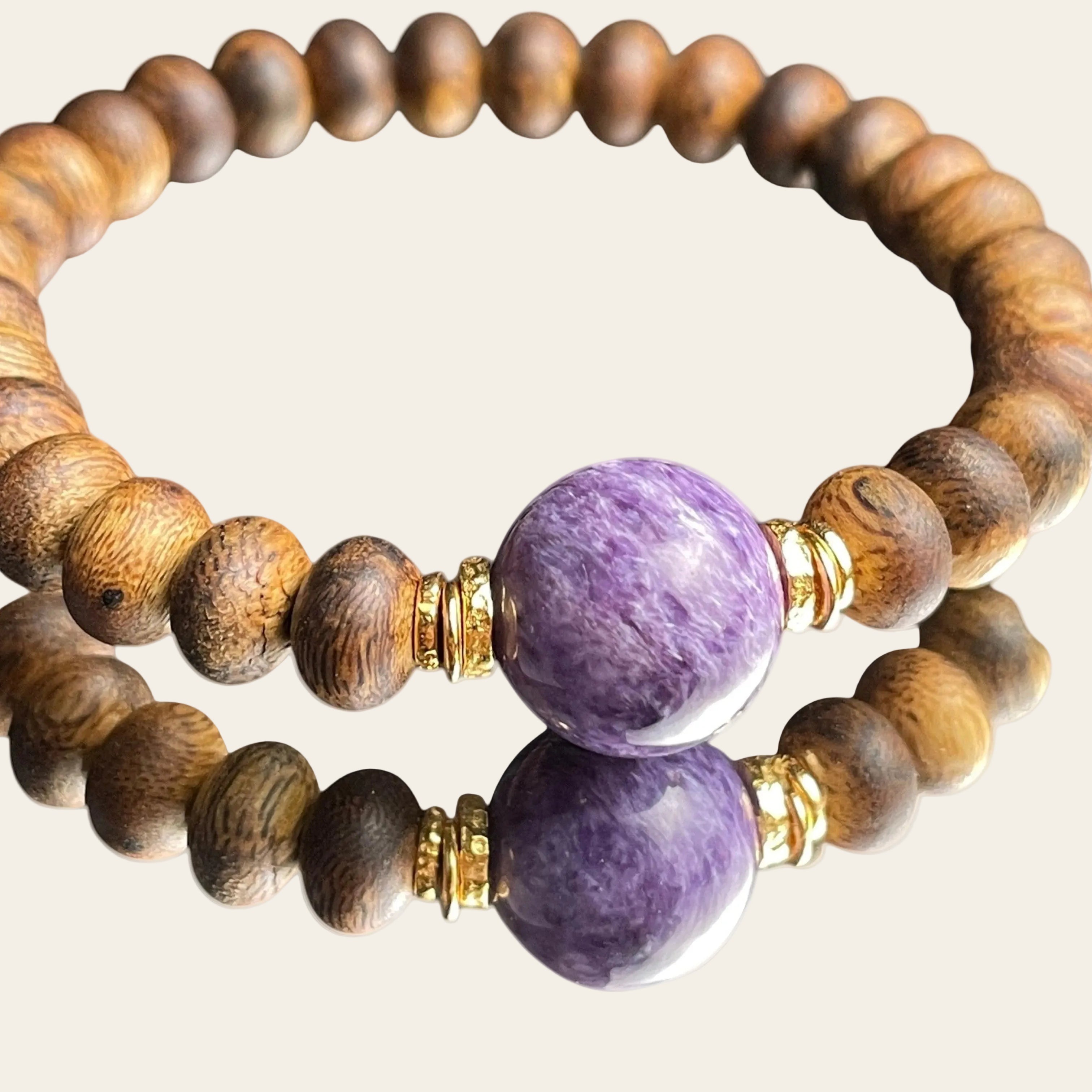 Sylvia Jewelry 紫色查罗石和木珠手链,金色隔珠,男女皆宜