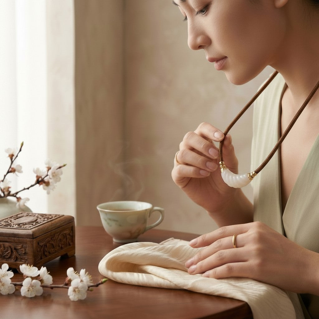 Sylvia Jewelry 弯月形白色玉石吊坠项链,搭配棕色绳链,女性佩戴