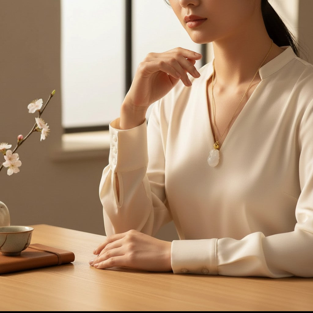 Sylvia Jewelry white jade pendant necklace worn by a woman in a cream blouse sitting at a wooden table