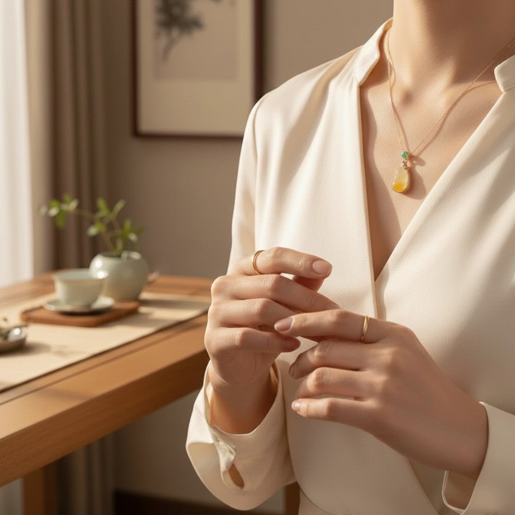 Sylvia Jewelry yellow jadeite fortune bean pendant with 18k gold, diamonds, and green jadeite on a woman.