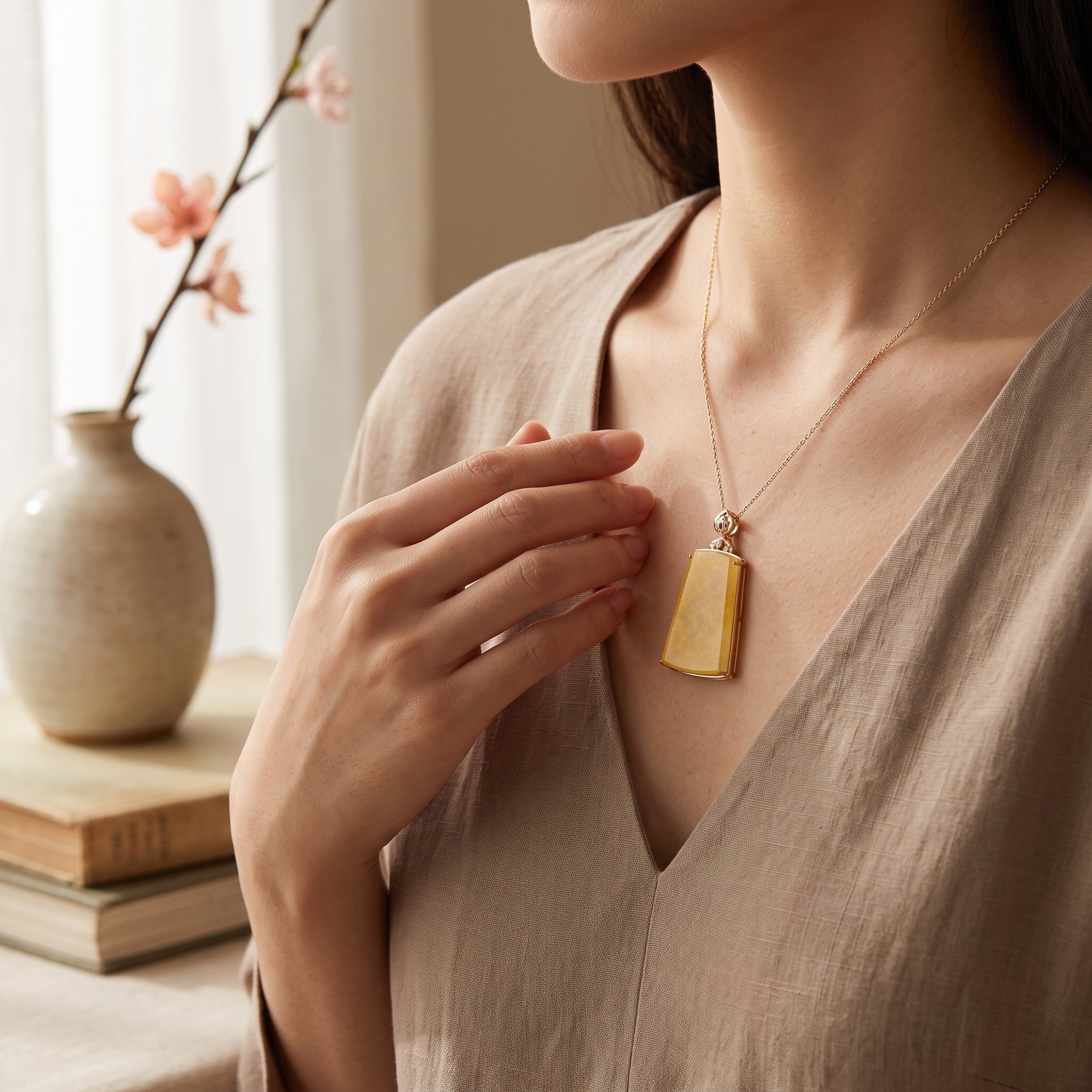 Sylvia Jewelry rectangular yellow jadeite jade pendant plaque in an 18K gold setting worn by a woman