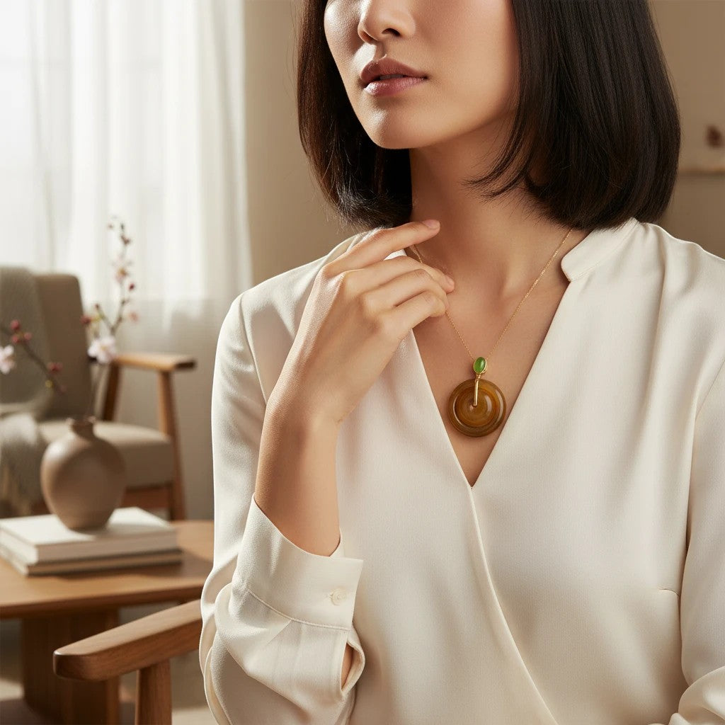 Sylvia Jewelry 金轮转运吊坠,黄玉髓内圈可转动,配绿玉髓点缀,18K金。
