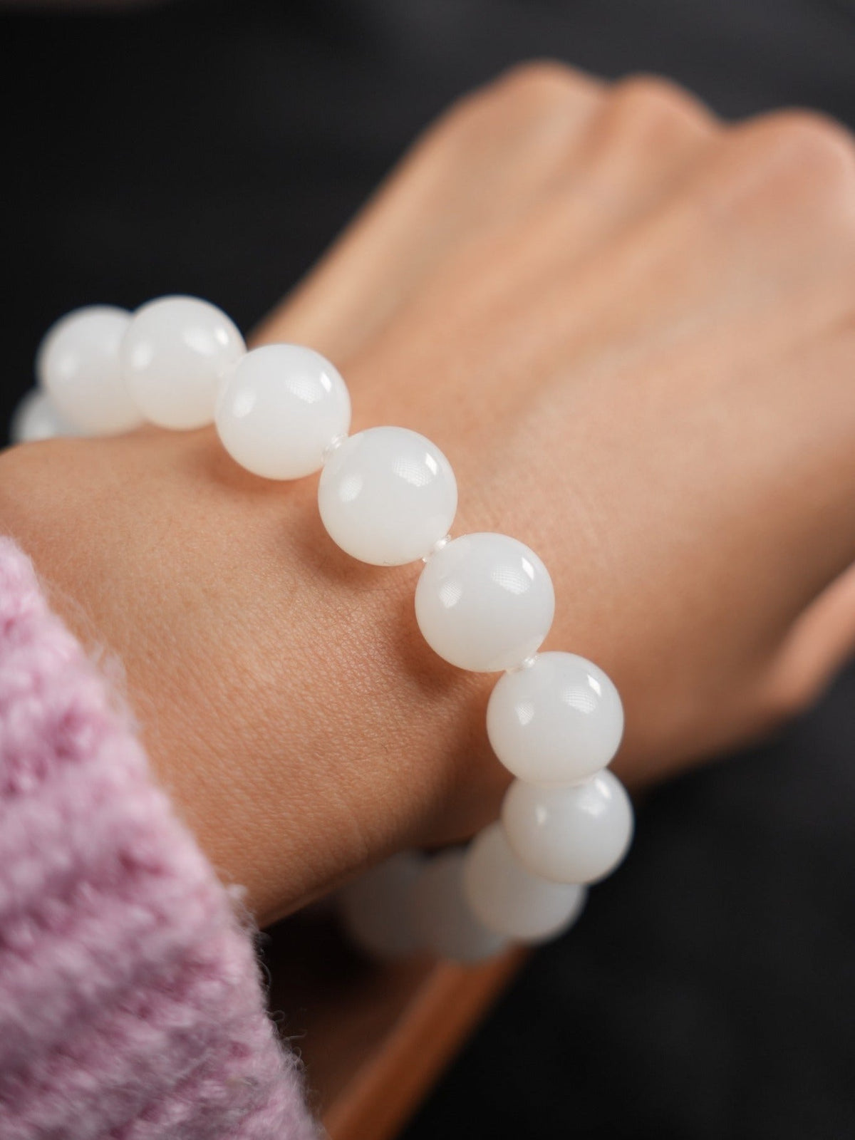 White Hetian nephrite jade bracelet worn on wrist, polished 12 mm beads, B12609024891
