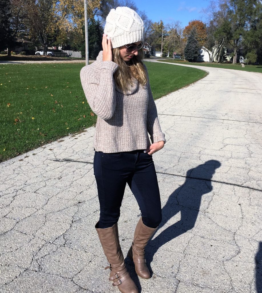 cowl neck sweater and denim