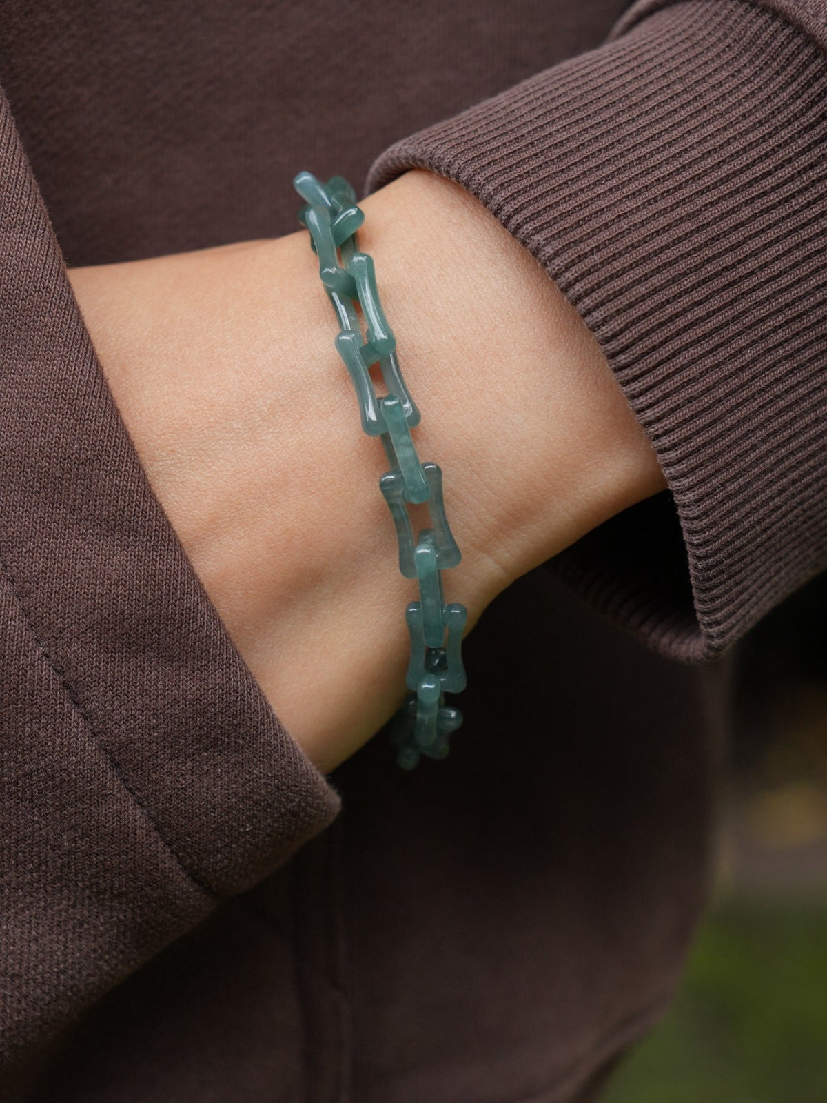 Green Type A jadeite carved link bracelet with stainless steel fittings from SylviaJade