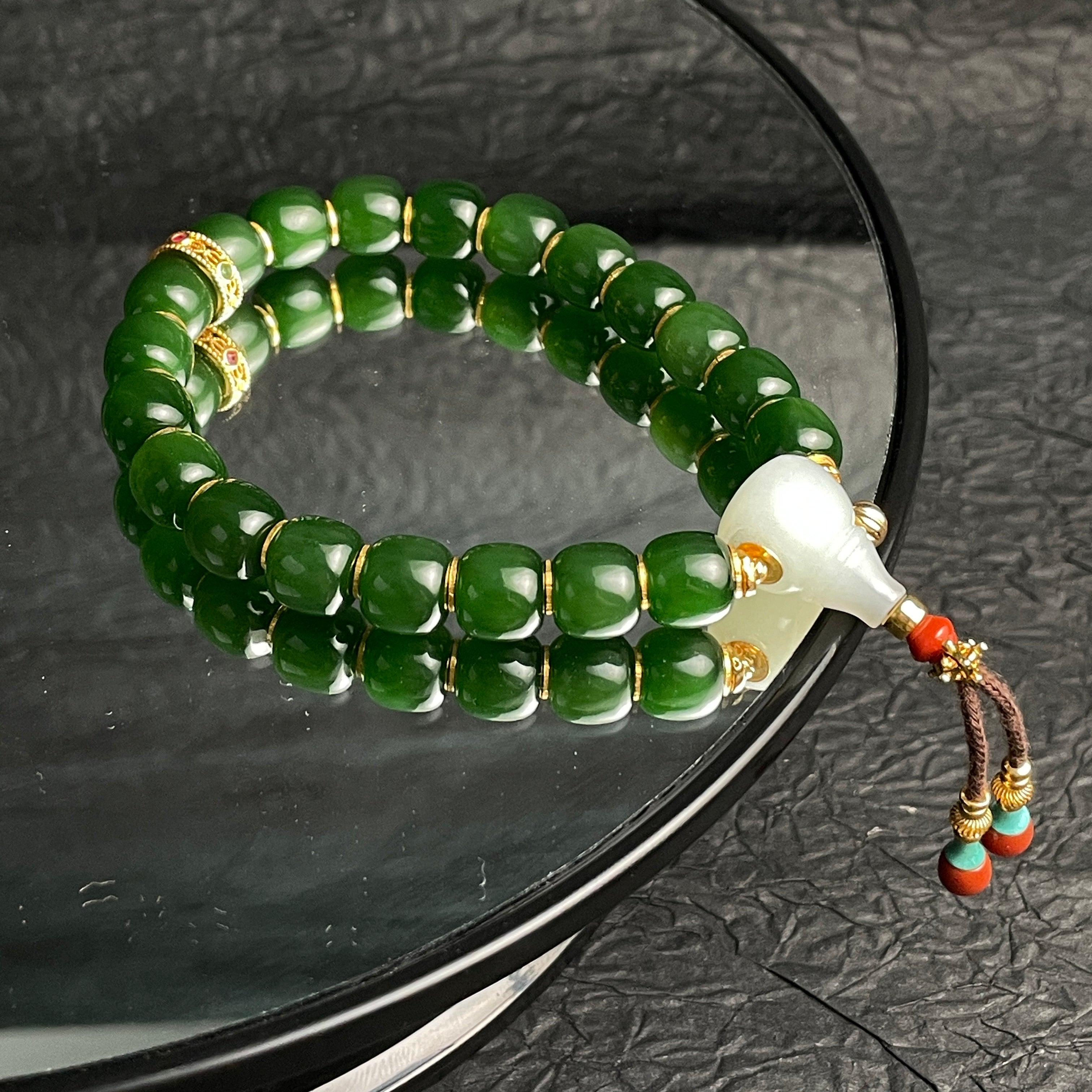 Imperial Harmony – Spinach Green Hetian Nephrite Bracelet with Mutton-Fat White HetianJade San-Tong | 18k Gold