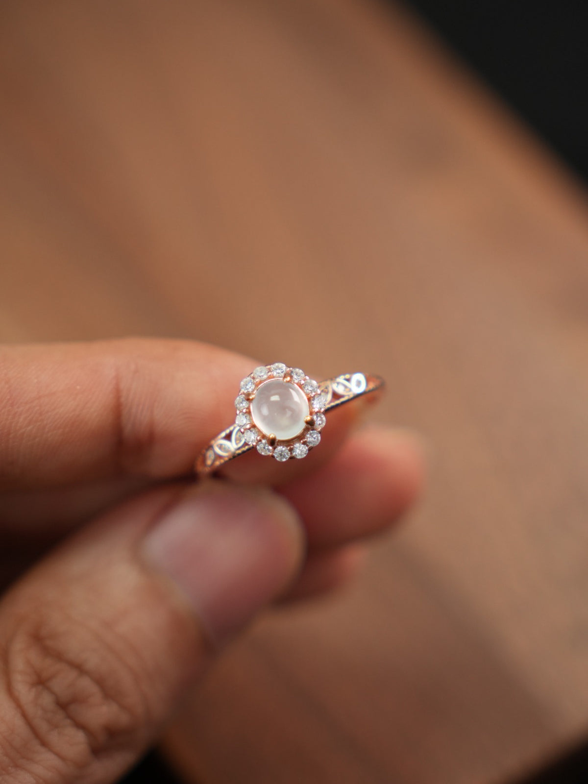 Pale jadeite silver ring with halo setting, product 2026-062108, view 763