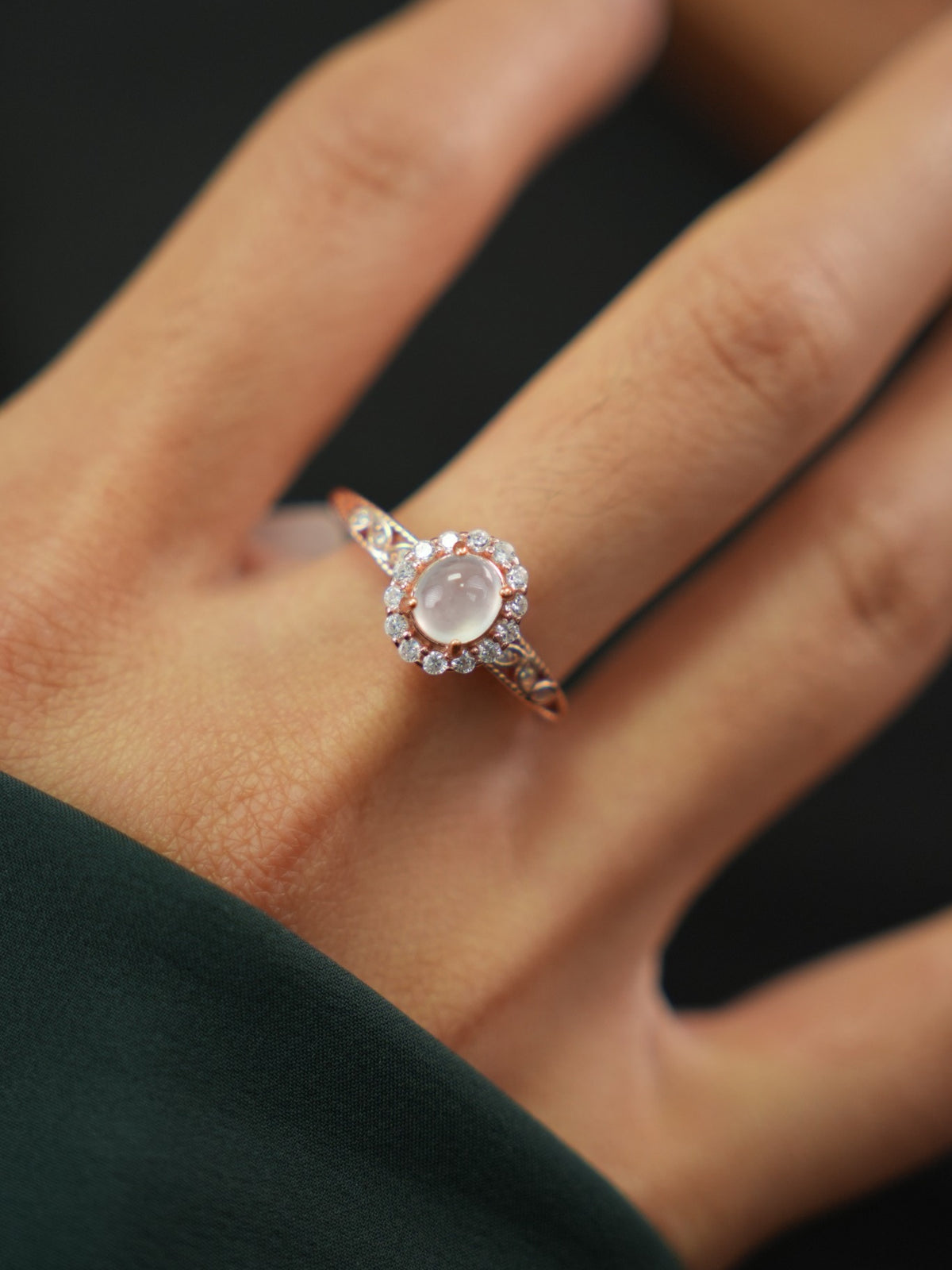 Pale jadeite silver ring with halo setting, product 2026-062108, view 765
