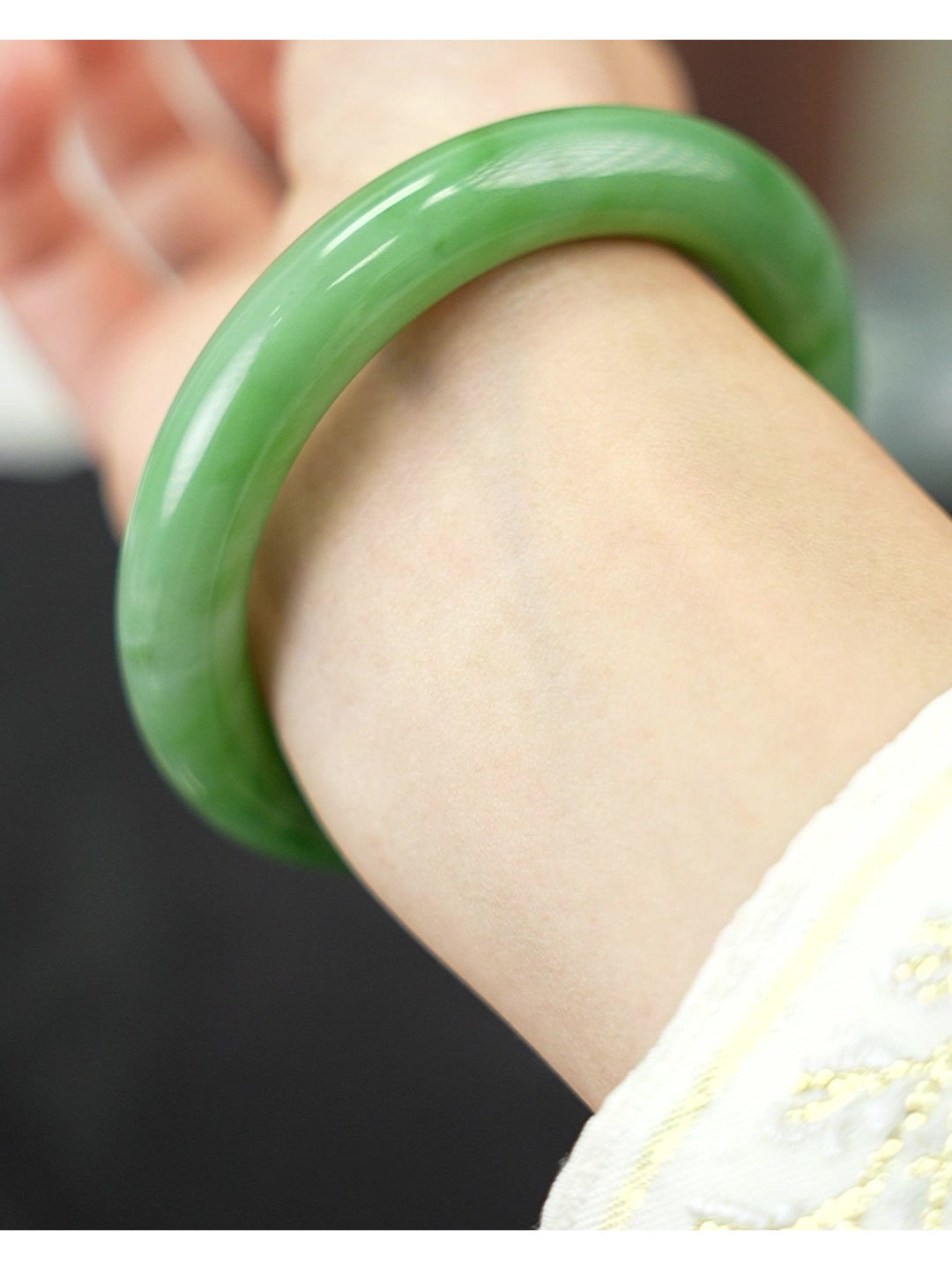 53.5mm green Hetian nephrite jade bangle 2026-100204 worn view