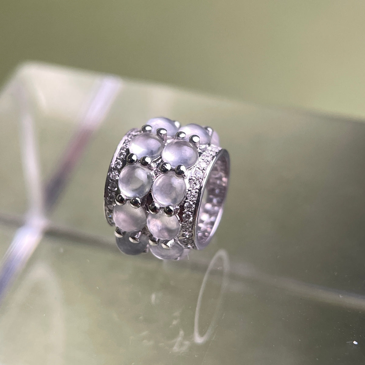 Celestial Cylinder – Premium 18k White Gold Double-Row Icy Jadeite Charm with Micro-Pavé Diamonds