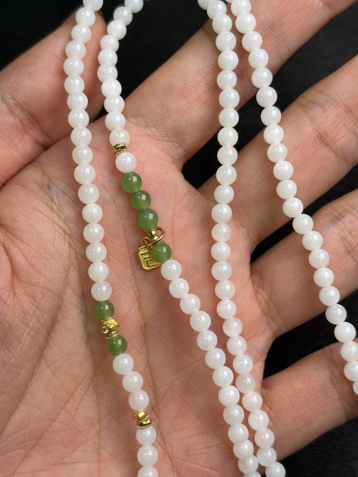 4 mm white Hetian nephrite jade necklace with green Hetian nephrite jade accents and gold-plated silver fittings, P2604029996