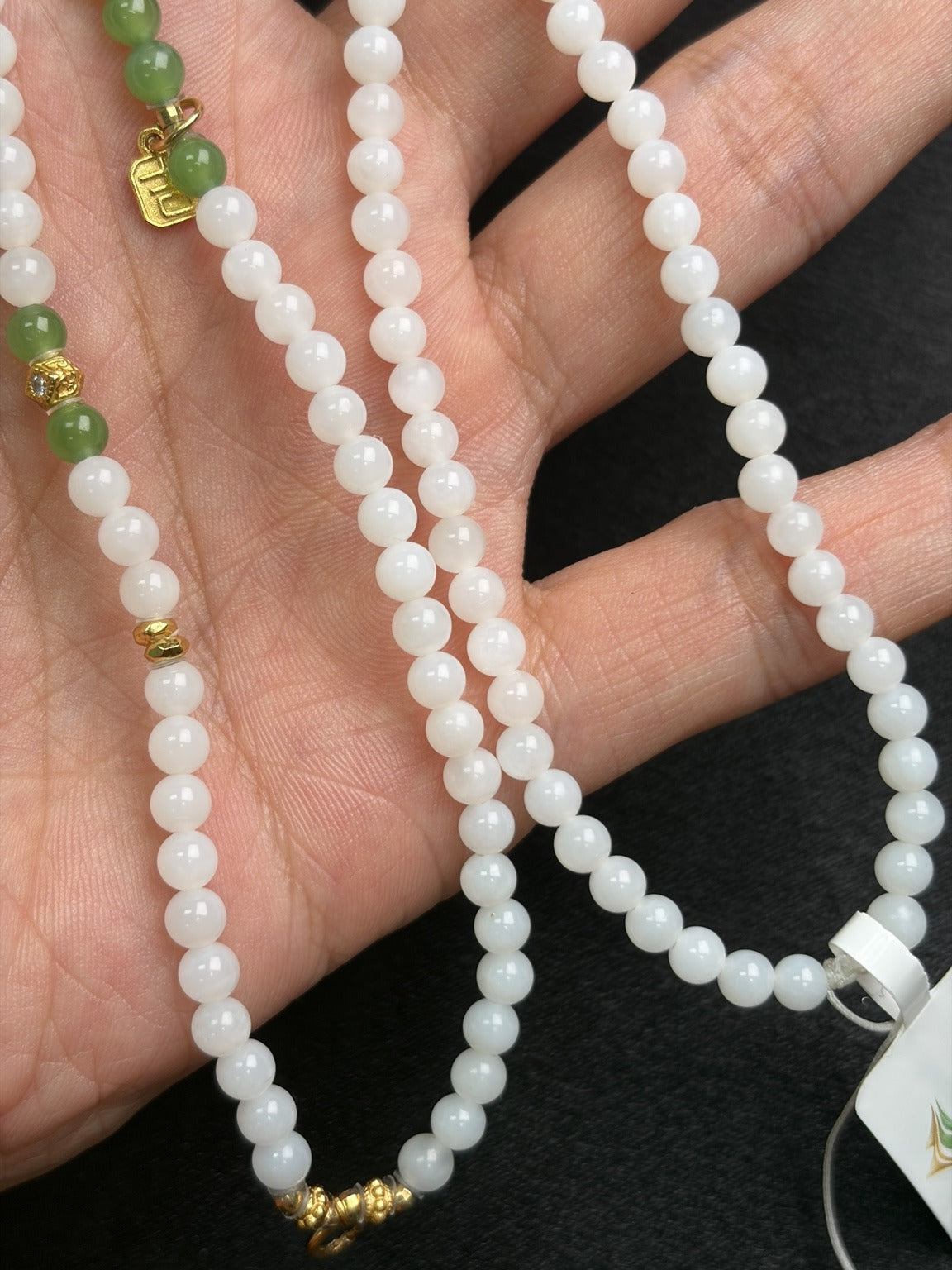 4 mm white Hetian nephrite jade necklace with green Hetian nephrite jade accents and gold-plated silver fittings, P2604029996