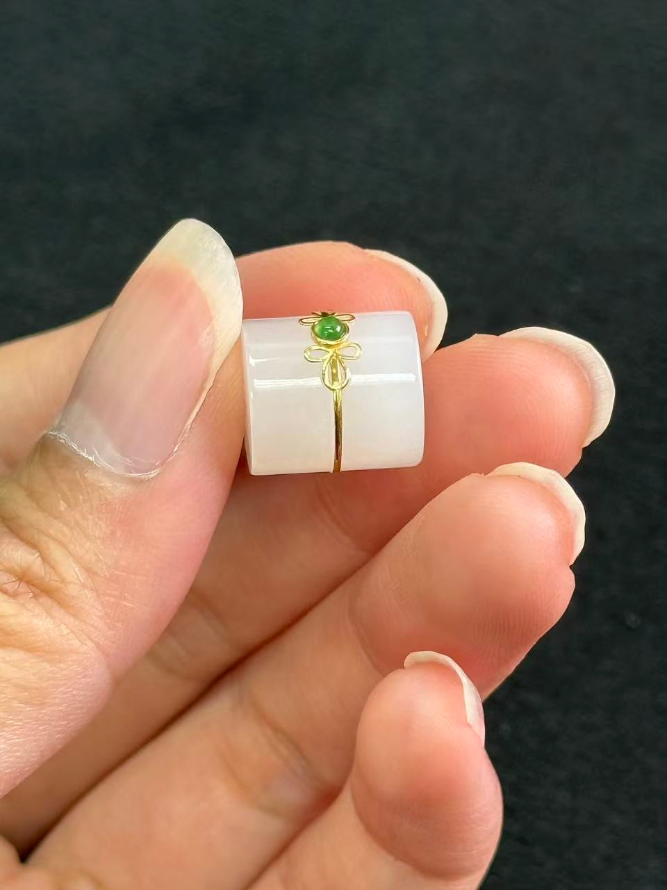 Natural green jadeite jade pendant plaque with 18K gold setting