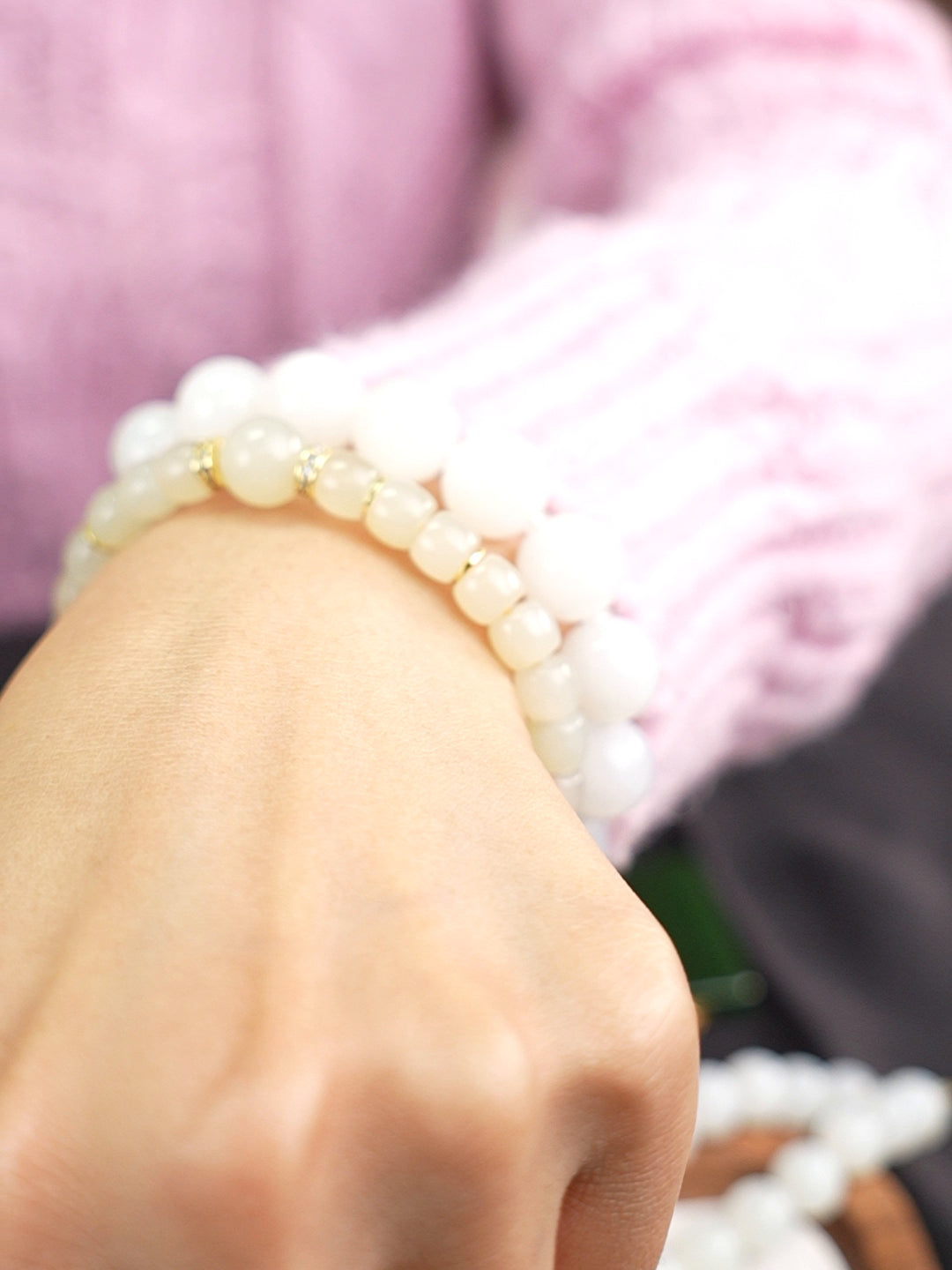 B12609024881 Hetian nephrite jade bracelet shown worn with other bracelets