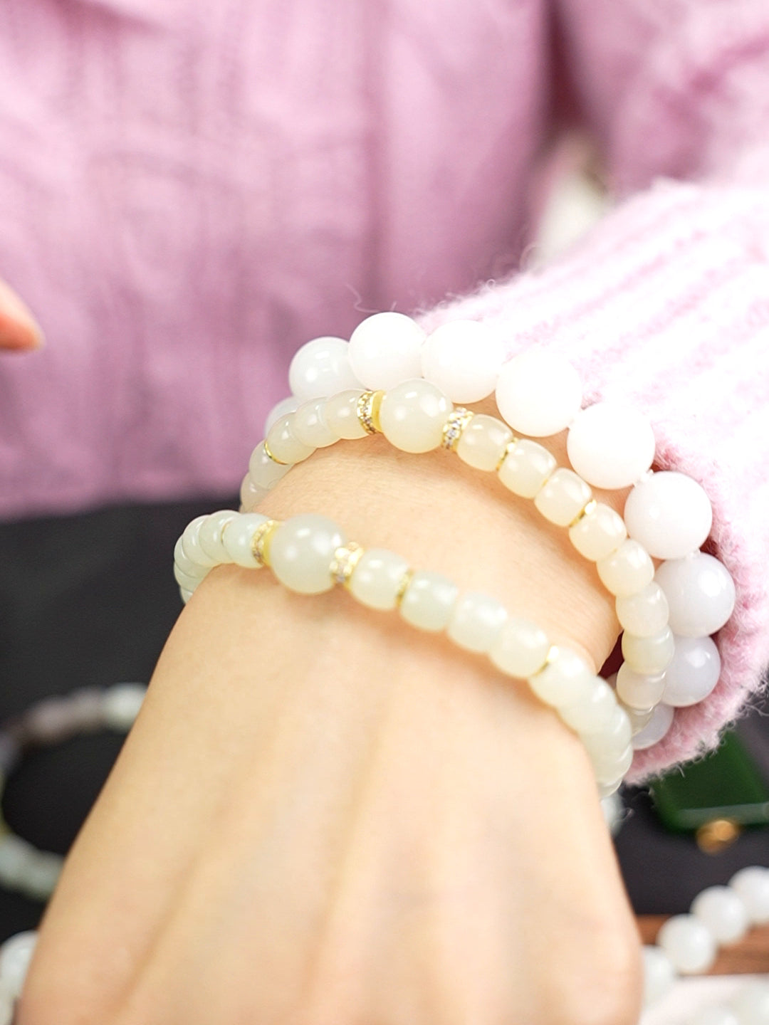 B12609024881 Hetian nephrite jade bracelet shown worn with other bracelets