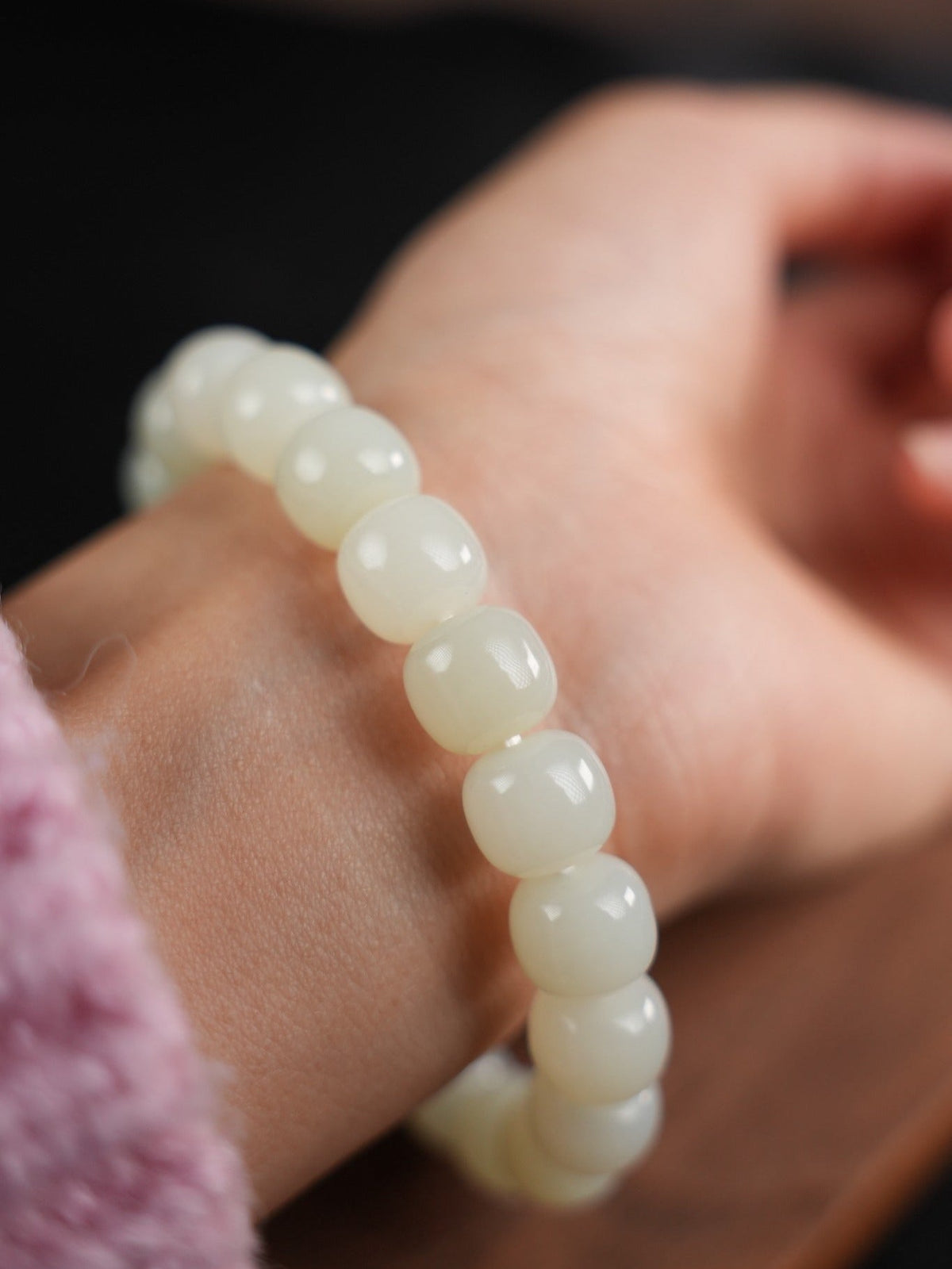 White Hetian nephrite jade bead bracelet, DSC00270.JPG