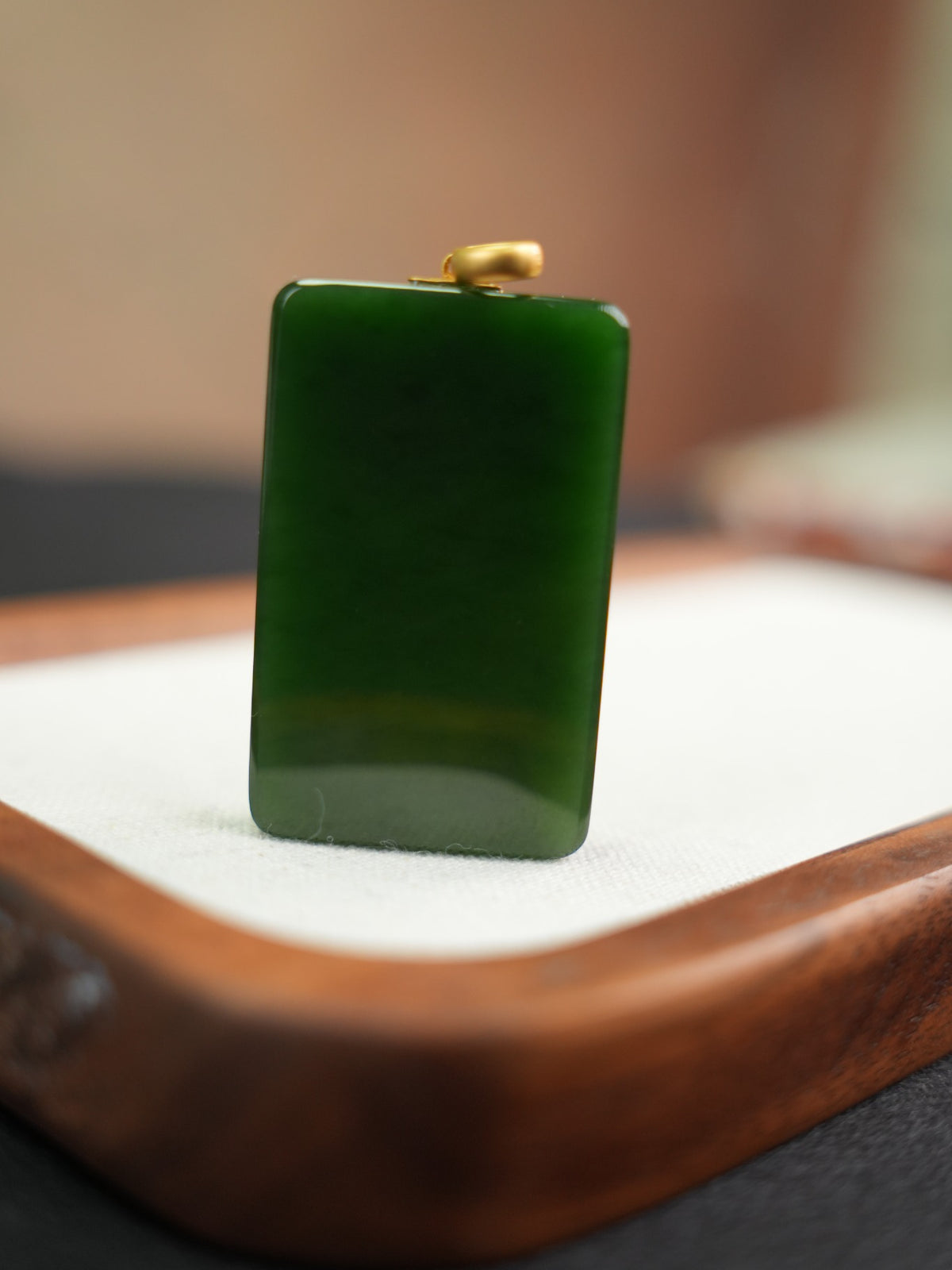 Green rectangular Hetian nephrite jade pendant with gold-tone bail, DSC00226