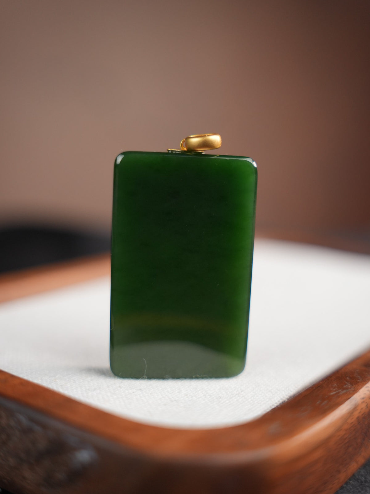Green rectangular Hetian nephrite jade pendant with gold-tone bail, DSC00228