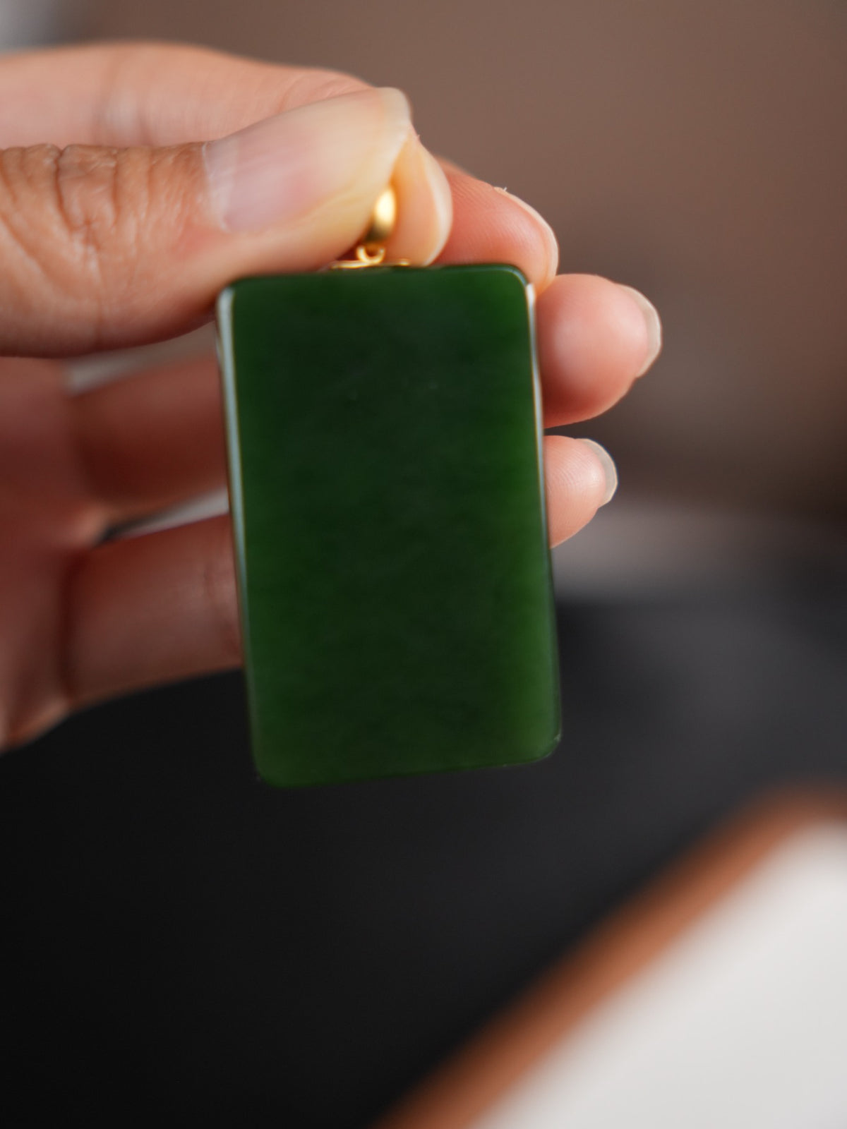 Green rectangular Hetian nephrite jade pendant with gold-tone bail, DSC00231