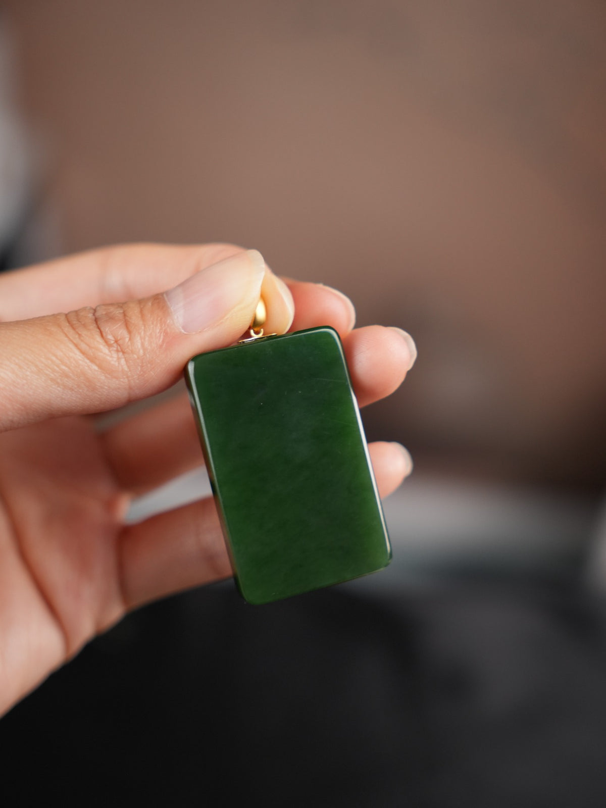 Green rectangular Hetian nephrite jade pendant with gold-tone bail, DSC00232