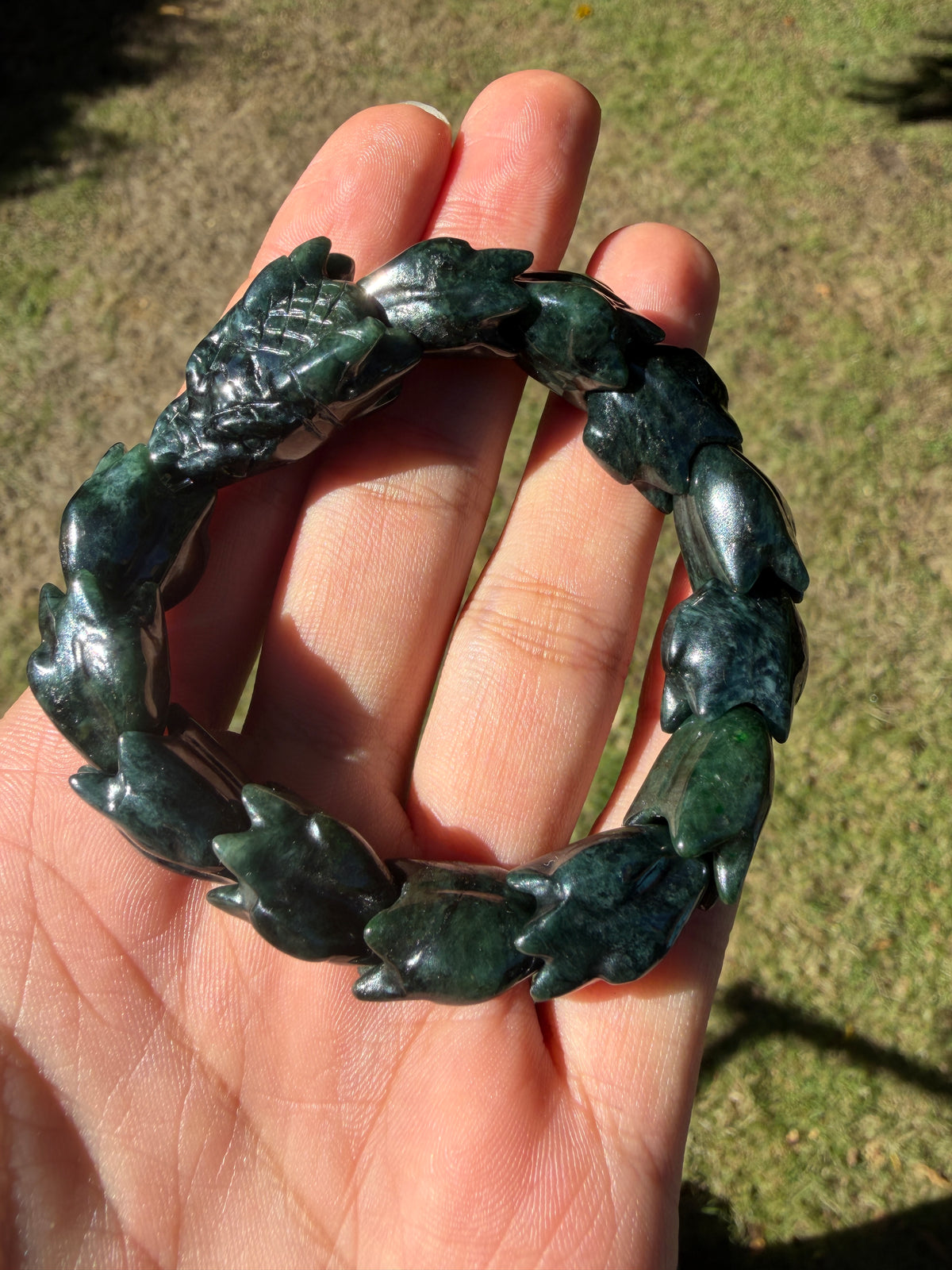 Deep Green Carved Jadeite Stretch Bracelet