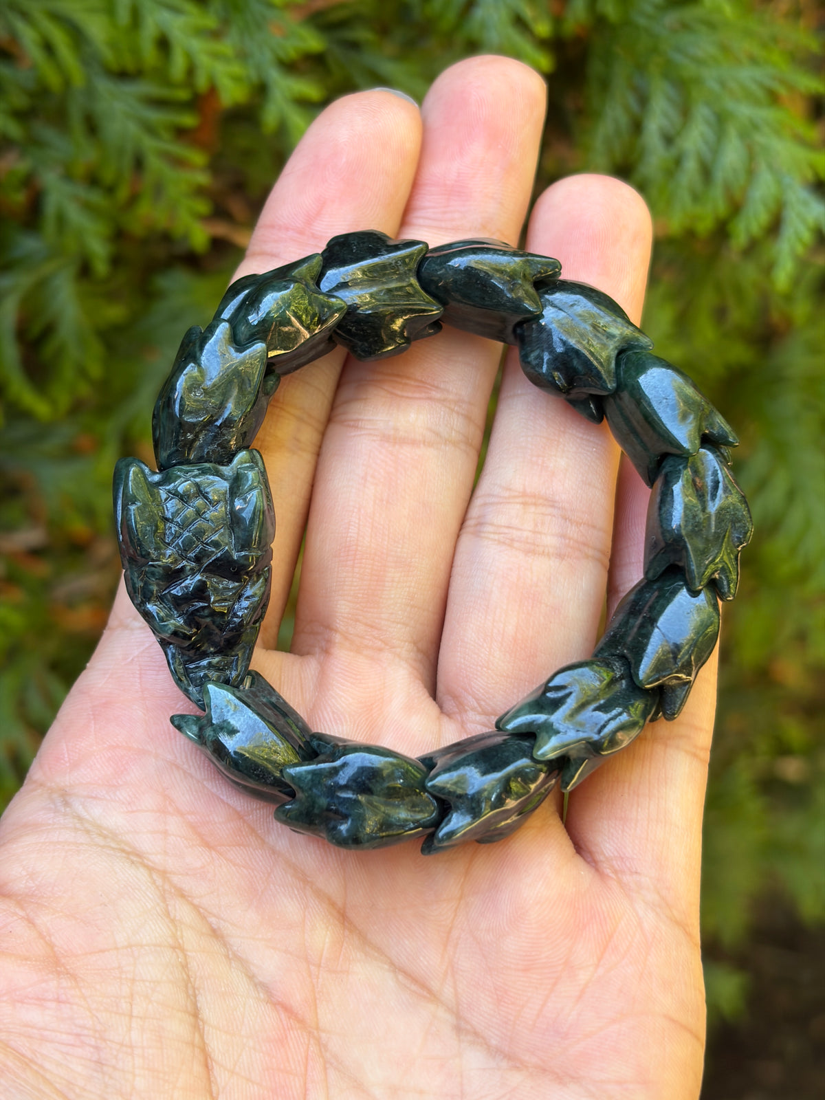 Deep Green Carved Jadeite Stretch Bracelet