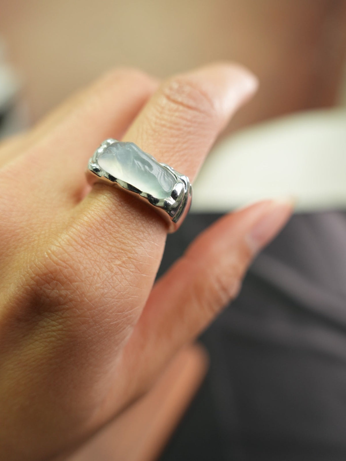 Pale green jadeite silver ring US 7, view 6