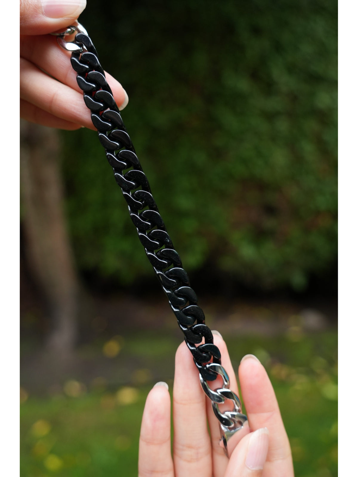 P2609001921 black-grey Type A jadeite carved chain bracelet with stainless steel clasp
