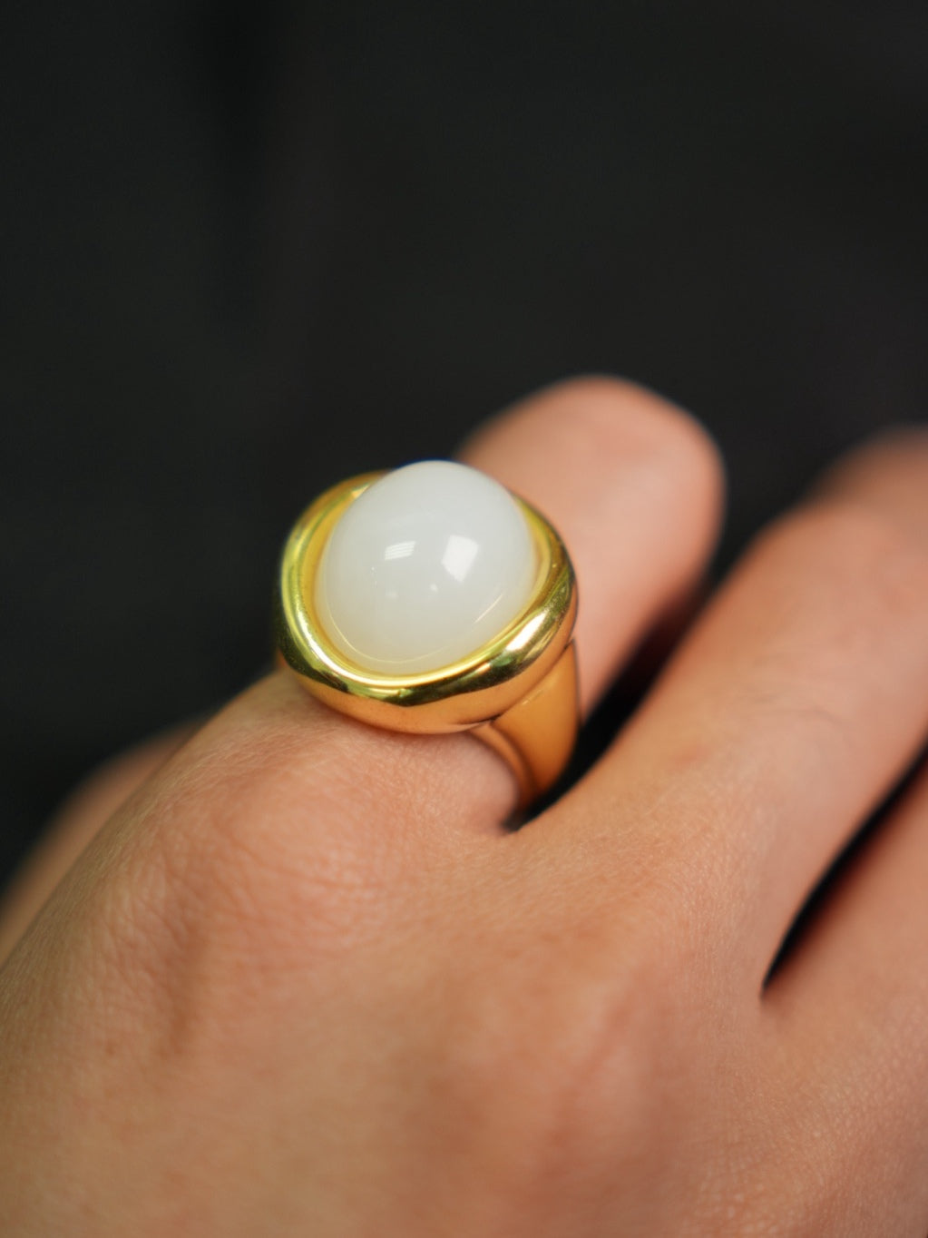P2609002911 white Hetian nephrite jade ring in a gold-tone silver setting